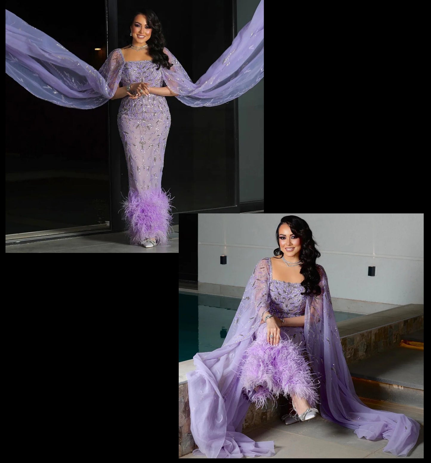 Special Occasion Beautiful Floral Beaded Sequin Sheath Mother Of The Bride Party Gown With Feather Hem And Sheer Floor Length Column Sleeves