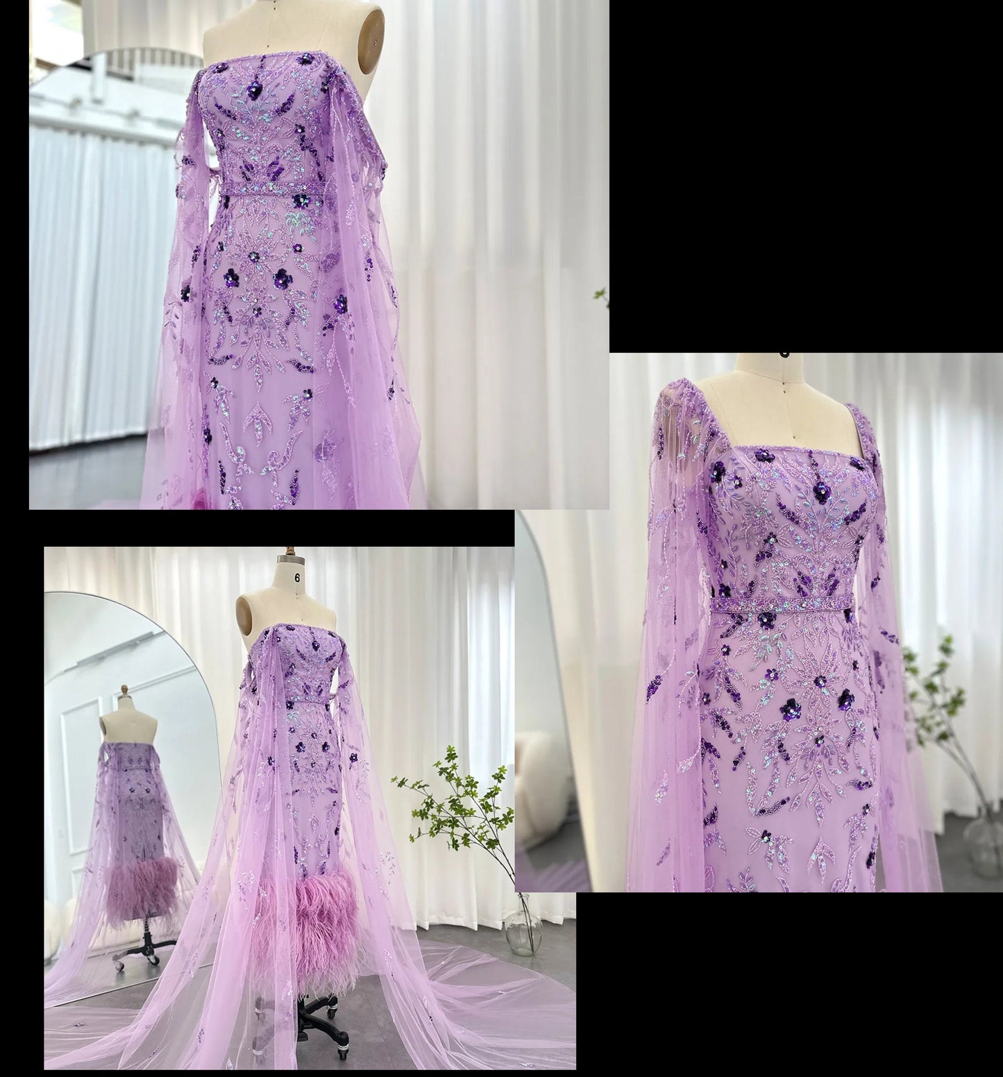 Special Occasion Beautiful Floral Beaded Sequin Sheath Mother Of The Bride Party Gown With Feather Hem And Sheer Floor Length Column Sleeves