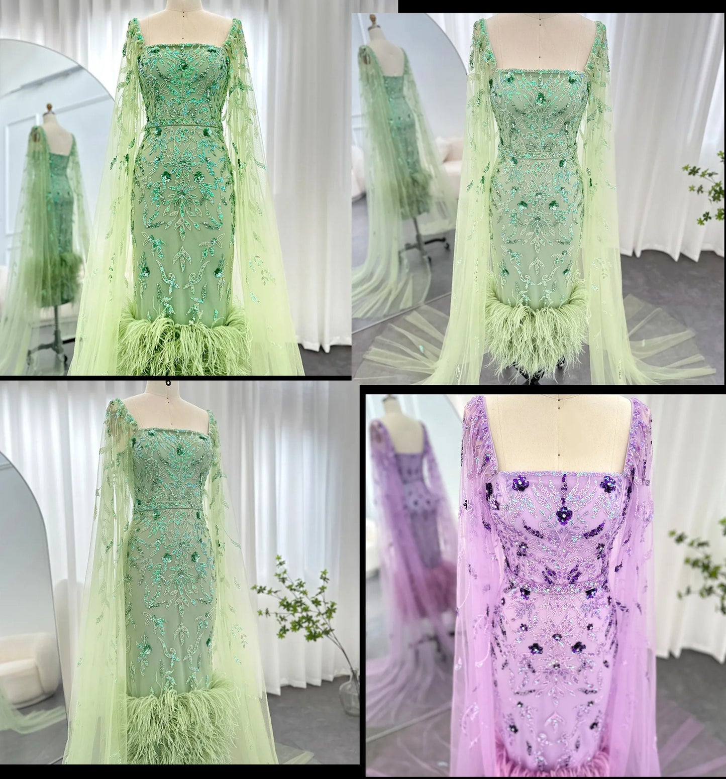 Special Occasion Beautiful Floral Beaded Sequin Sheath Mother Of The Bride Party Gown With Feather Hem And Sheer Floor Length Column Sleeves