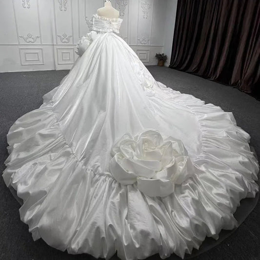 Unique And Stunning Rhinestone Embellished Ruffled Off The Shoulder Pleated Taffetta Ball Gown With Enlarged Structured Flower Details