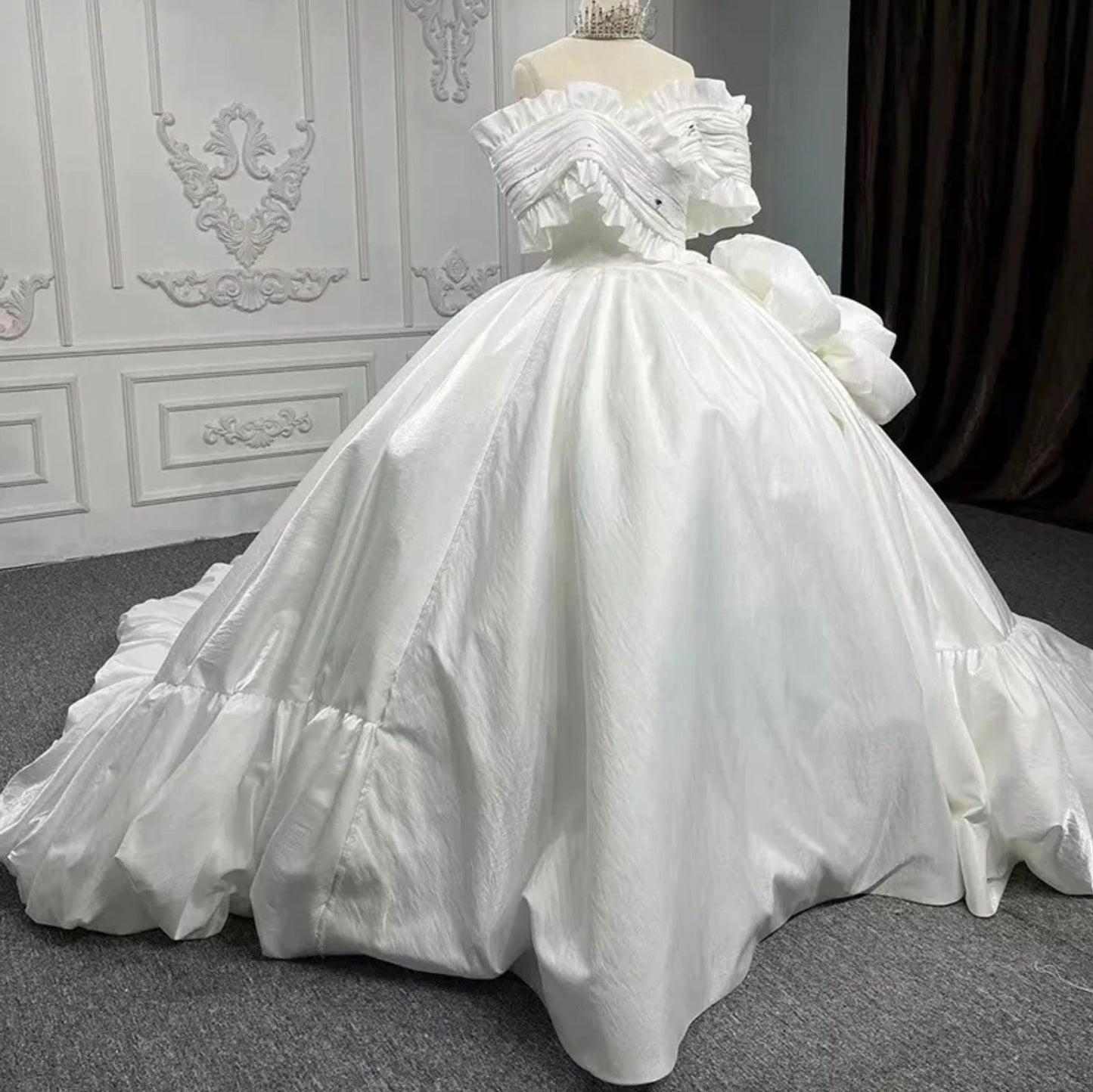 Unique And Stunning Rhinestone Embellished Ruffled Off The Shoulder Pleated Taffetta Ball Gown With Enlarged Structured Flower Details