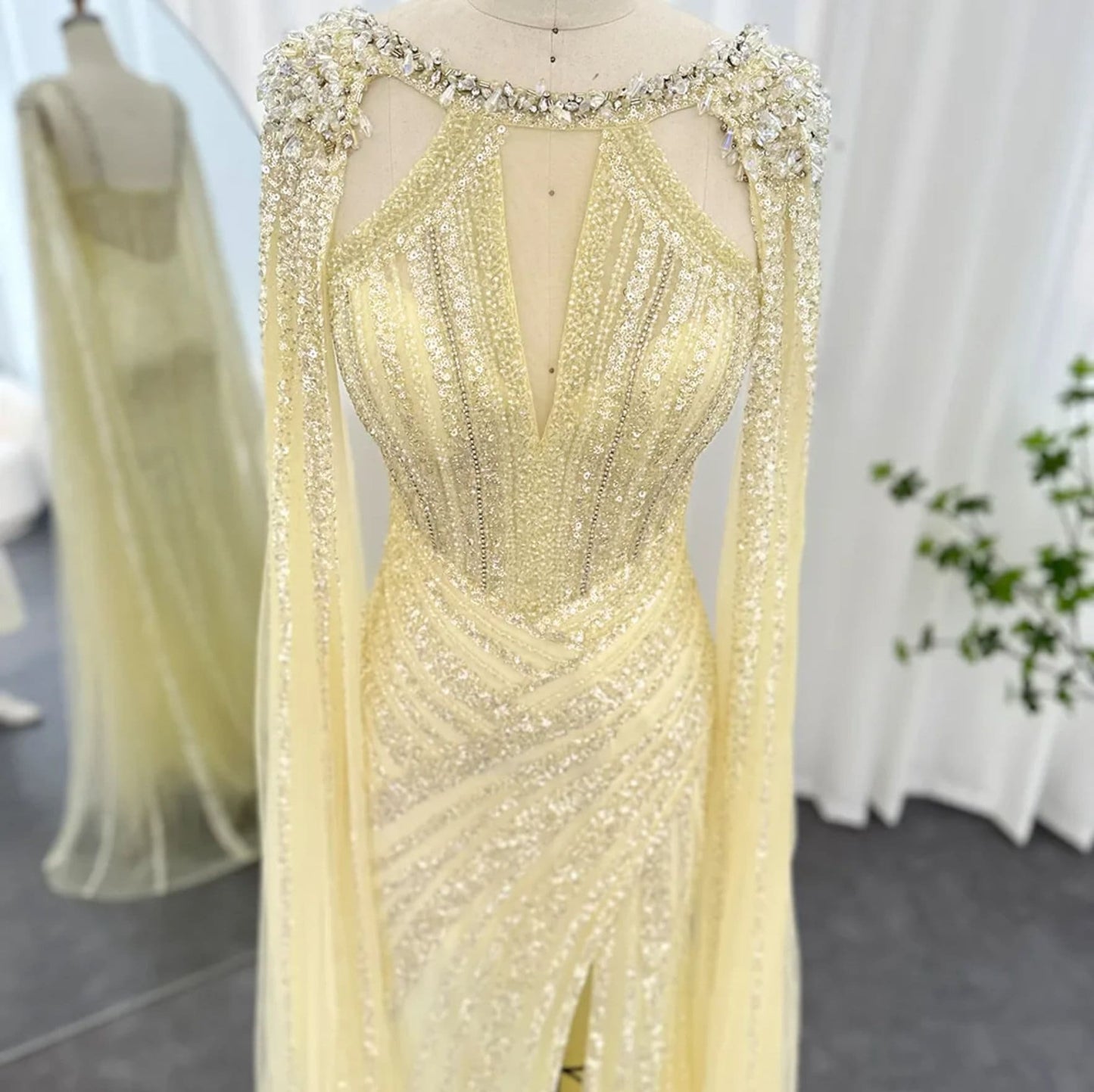 Beautiful Yellow Hand Beaded Sequinned Mother Of The Bride Special Occasion Engagement Party Evening Gown