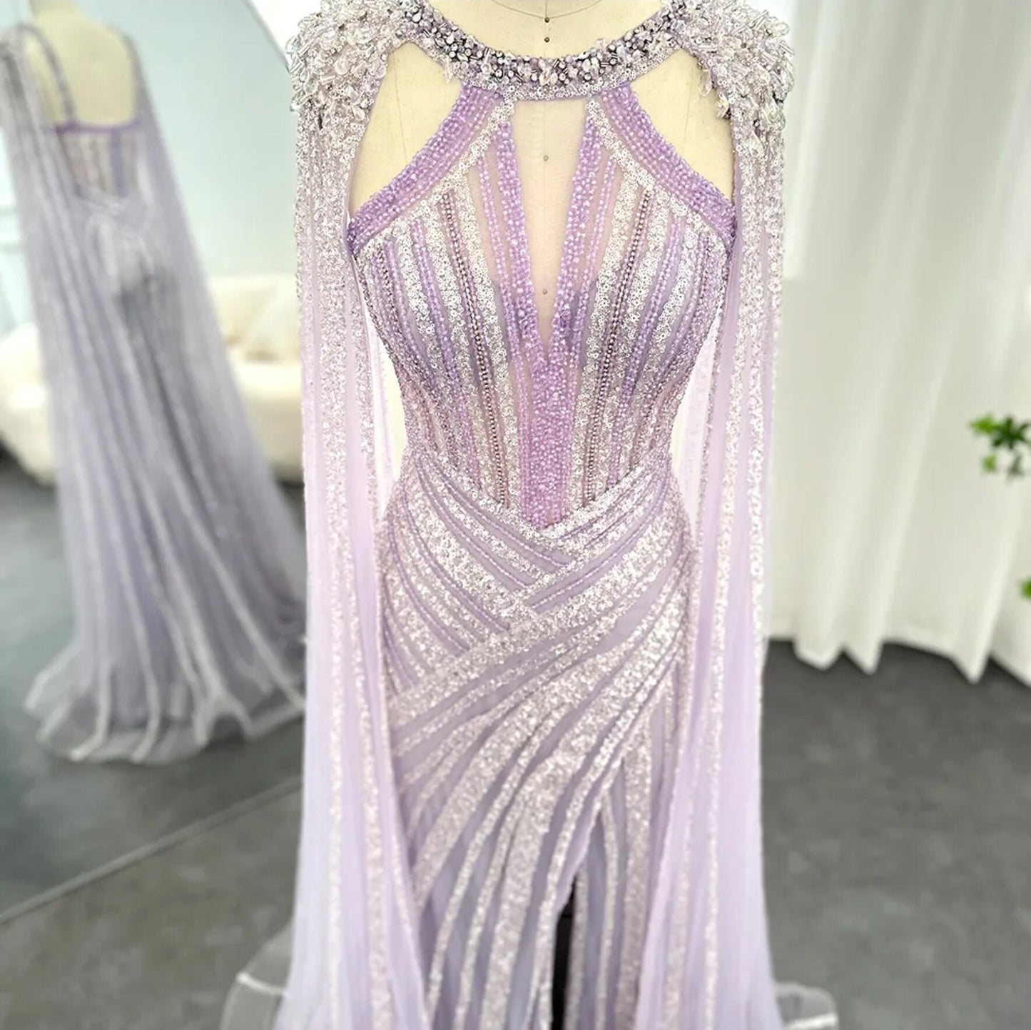 Beautiful Lilac Purple Hand Beaded Sequinned Mother Of The Bride Special Occasion Engagement Party Evening Gown