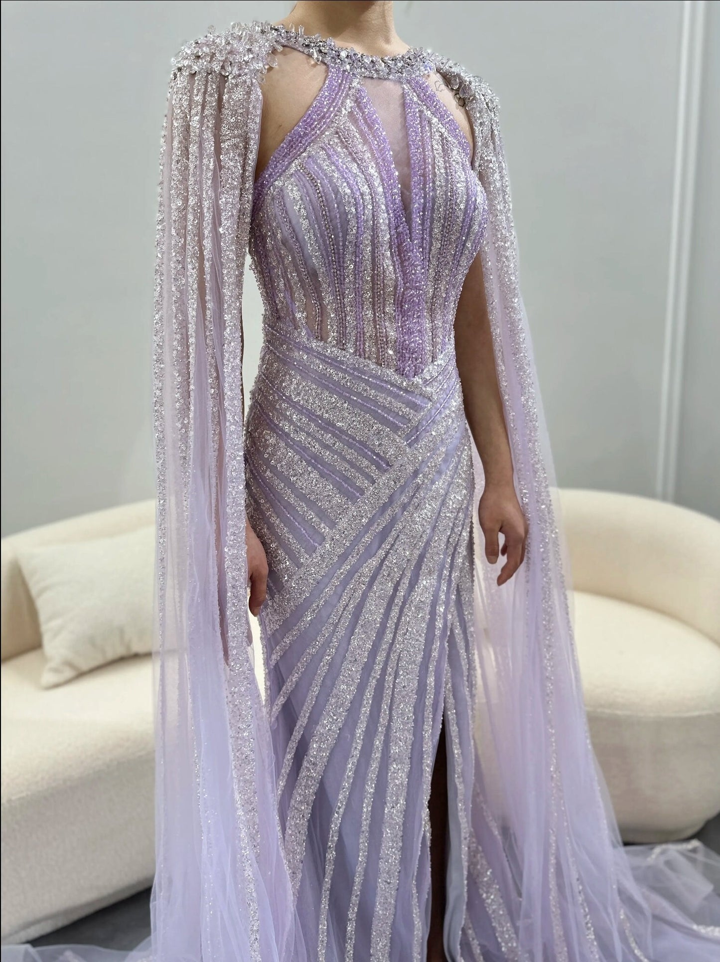 Beautiful Lilac Purple Hand Beaded Sequinned Mother Of The Bride Special Occasion Engagement Party Evening Gown