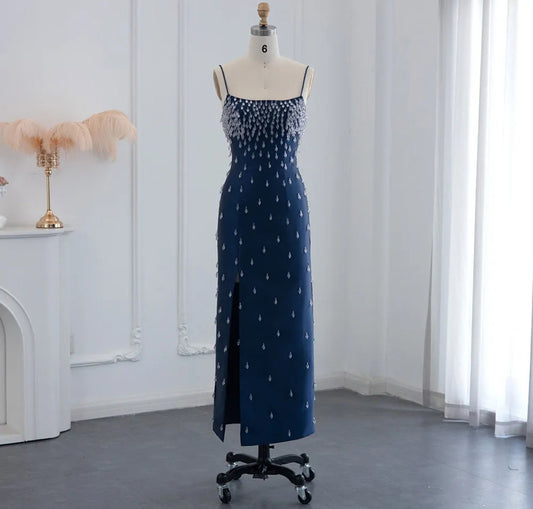 Sleeveless Navy Blue Scattered Dropped Crystal Embellished Midi Length Mother Of The Bride Special Occasion Evening Cocktail Dress