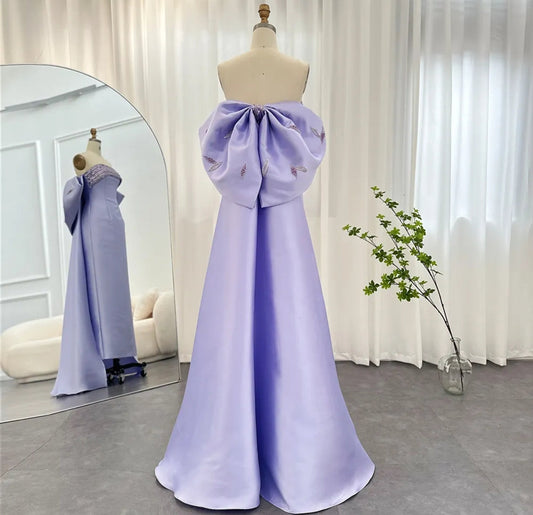 Strapless Purple Sequinned Boat Neck Pleated Sheath Gown With Oversized Scattered Embellishments Bow Knot Train Special Occasion Gown