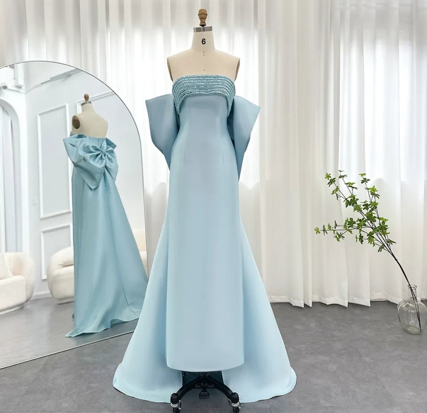 Strapless Blue Sequinned Boat Neck Pleated Sheath Gown With Oversized Scattered Embellishments Bow Knot Train Special Occasion Gown