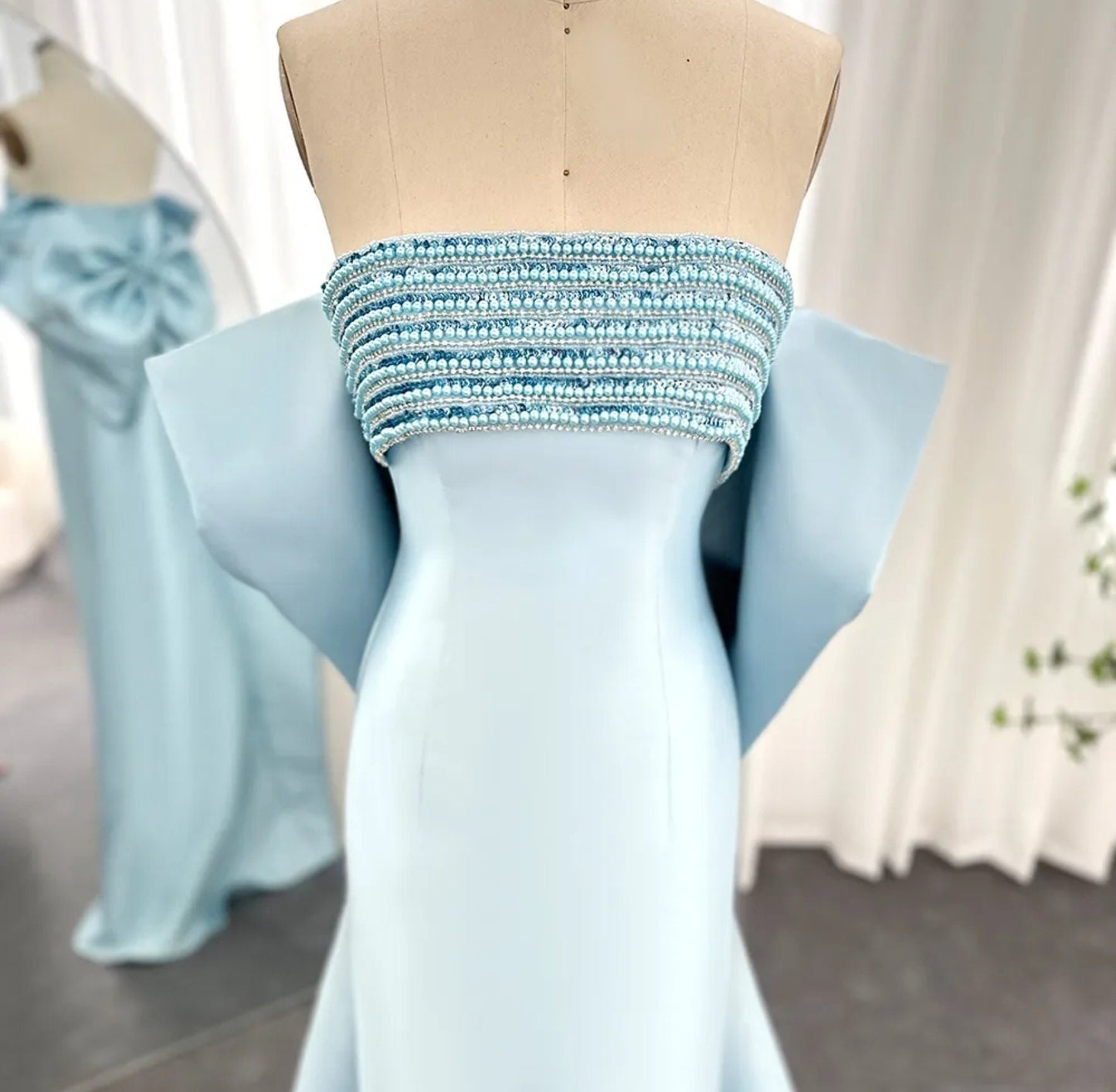 Strapless Blue Sequinned Boat Neck Pleated Sheath Gown With Oversized Scattered Embellishments Bow Knot Train Special Occasion Gown