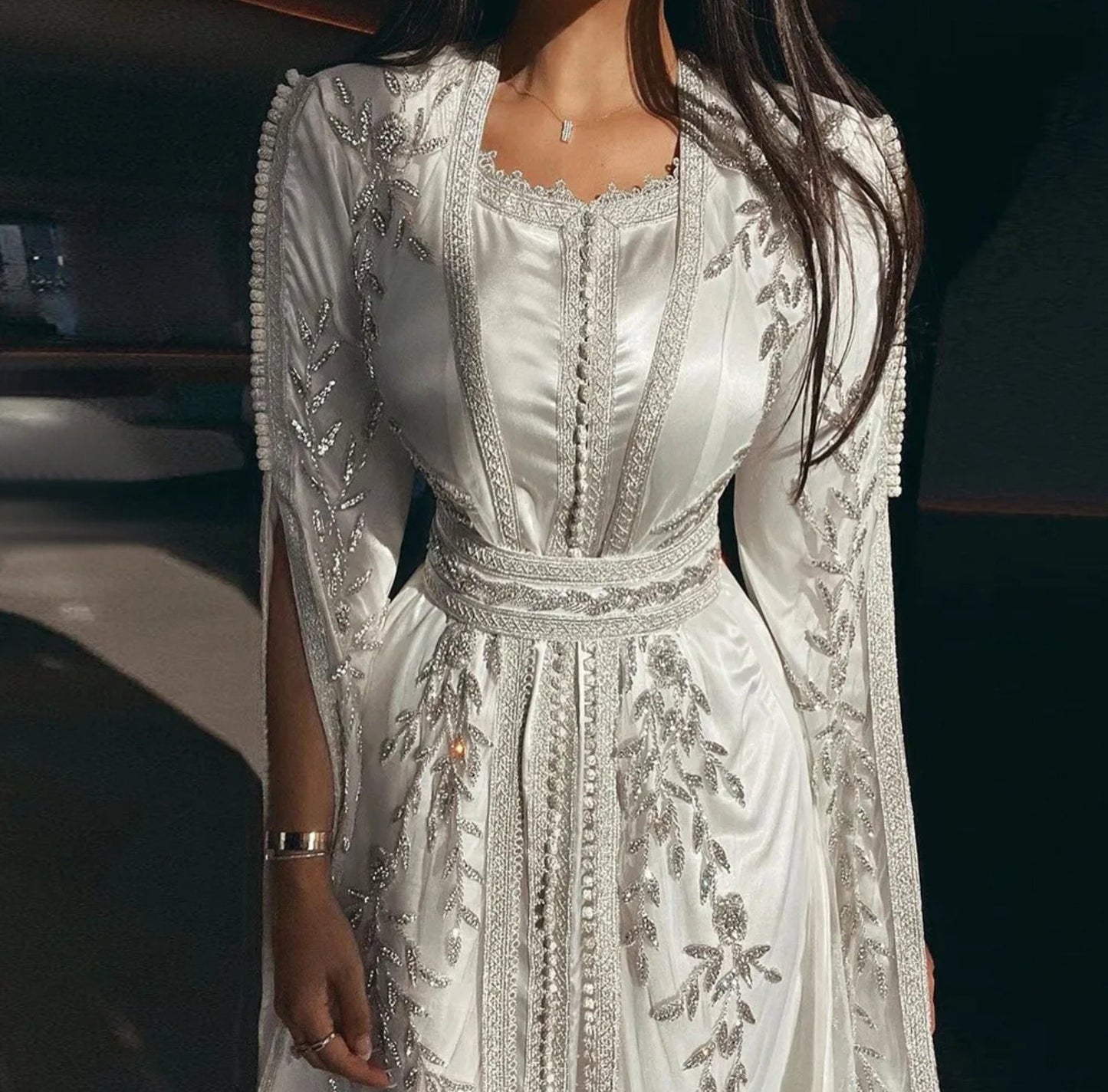 Ivory Long Sleeve Sequin Beaded 2 Piece Kaftan Gown