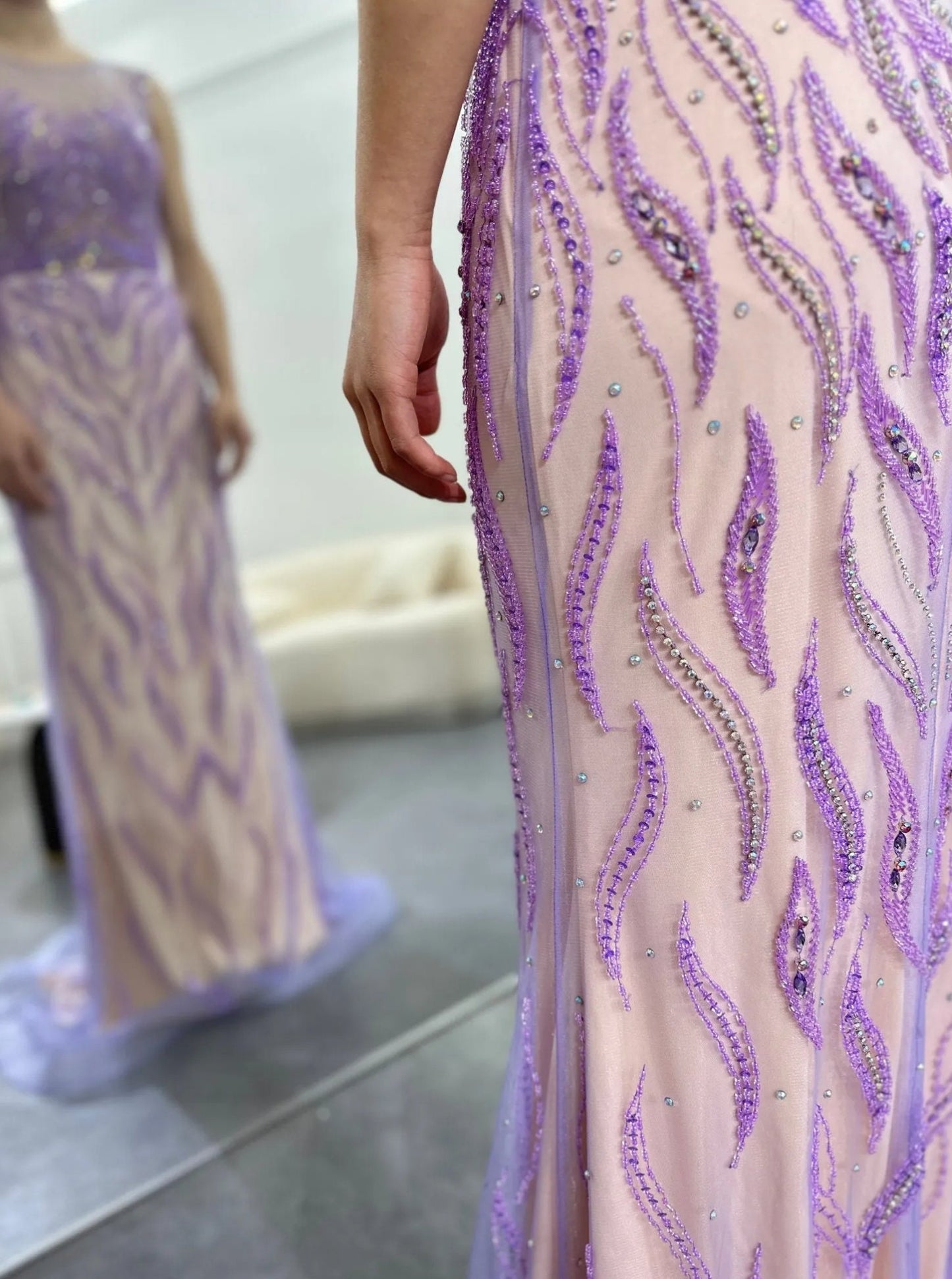 Purple Sleeveless Wavy Sequin Beaded Appliqués Mother Of The Bride Special Occasion Evening Gown