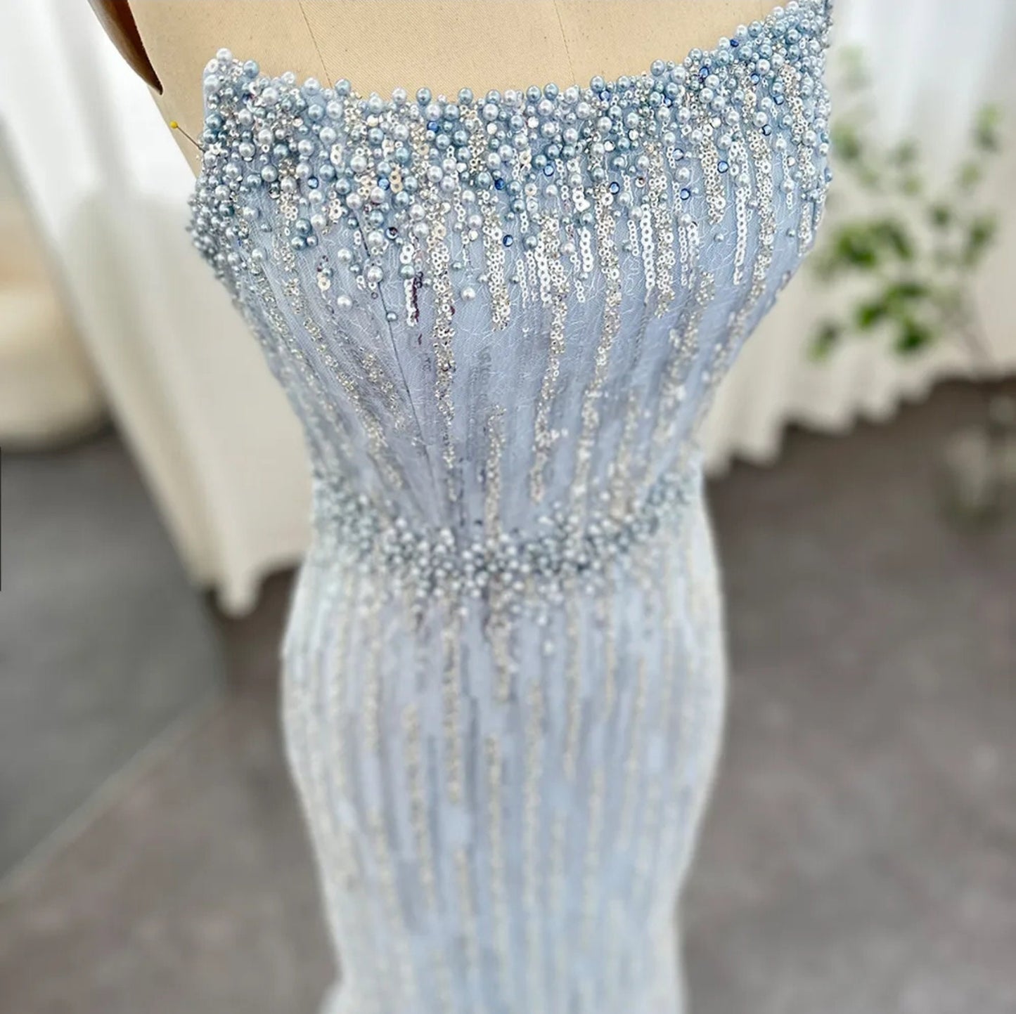 Strapless Scoop Neck Light Blue Sequin & Multi Beaded Mother Of The Bride Special Occasion Evening Gown With Matching Gloves