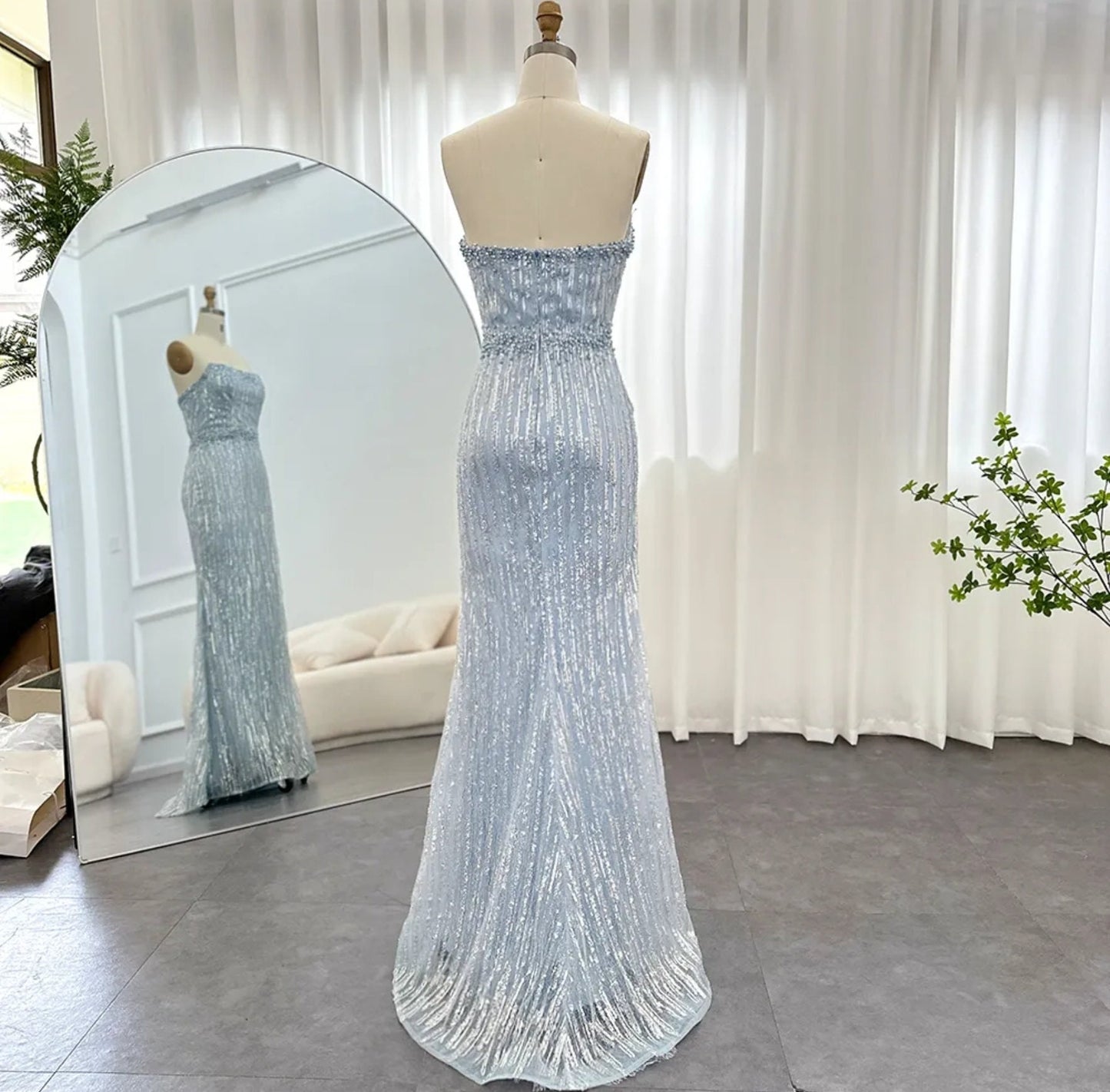 Strapless Scoop Neck Light Blue Sequin & Multi Beaded Mother Of The Bride Special Occasion Evening Gown With Matching Gloves