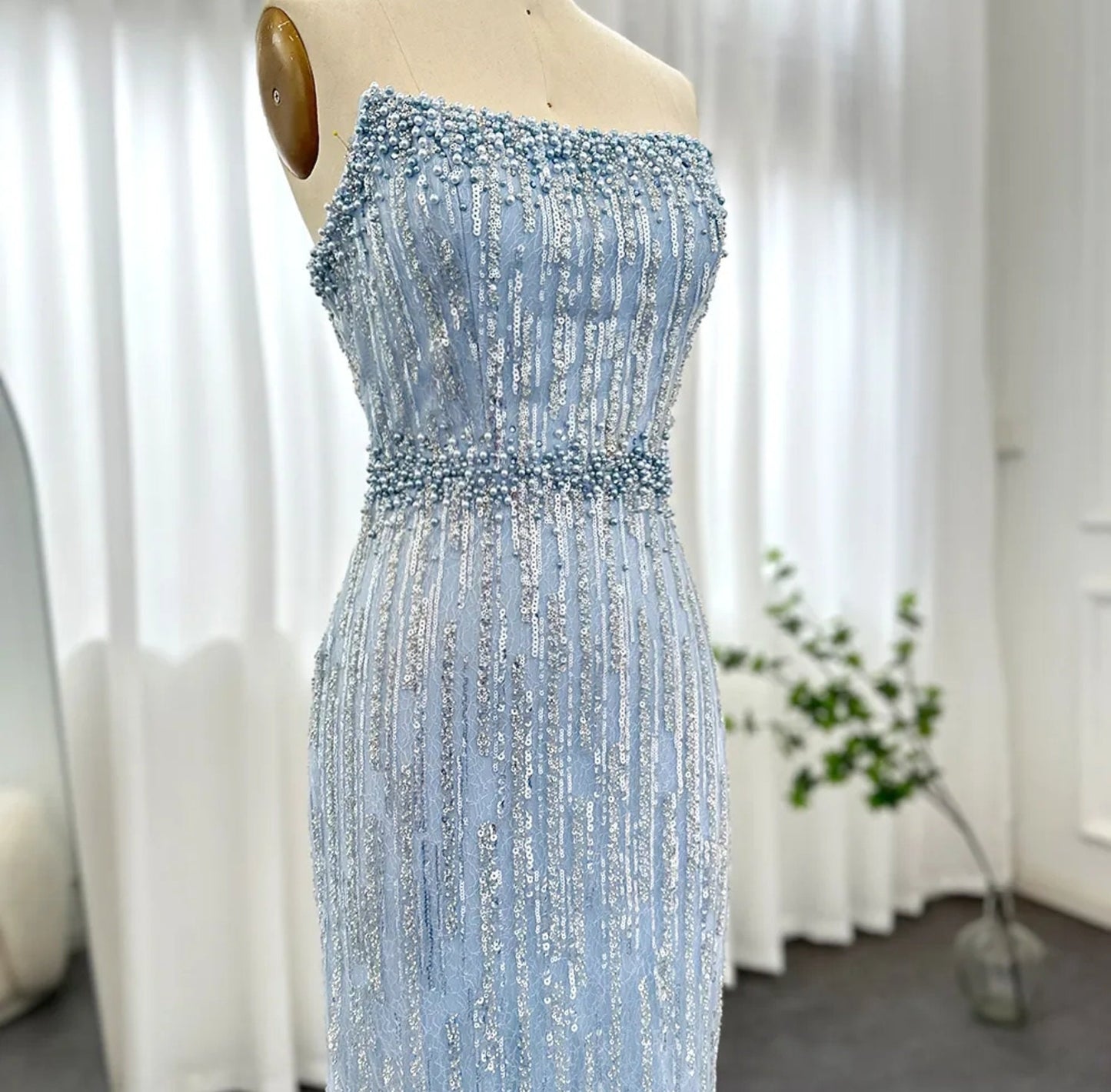 Strapless Scoop Neck Light Blue Sequin & Multi Beaded Mother Of The Bride Special Occasion Evening Gown With Matching Gloves