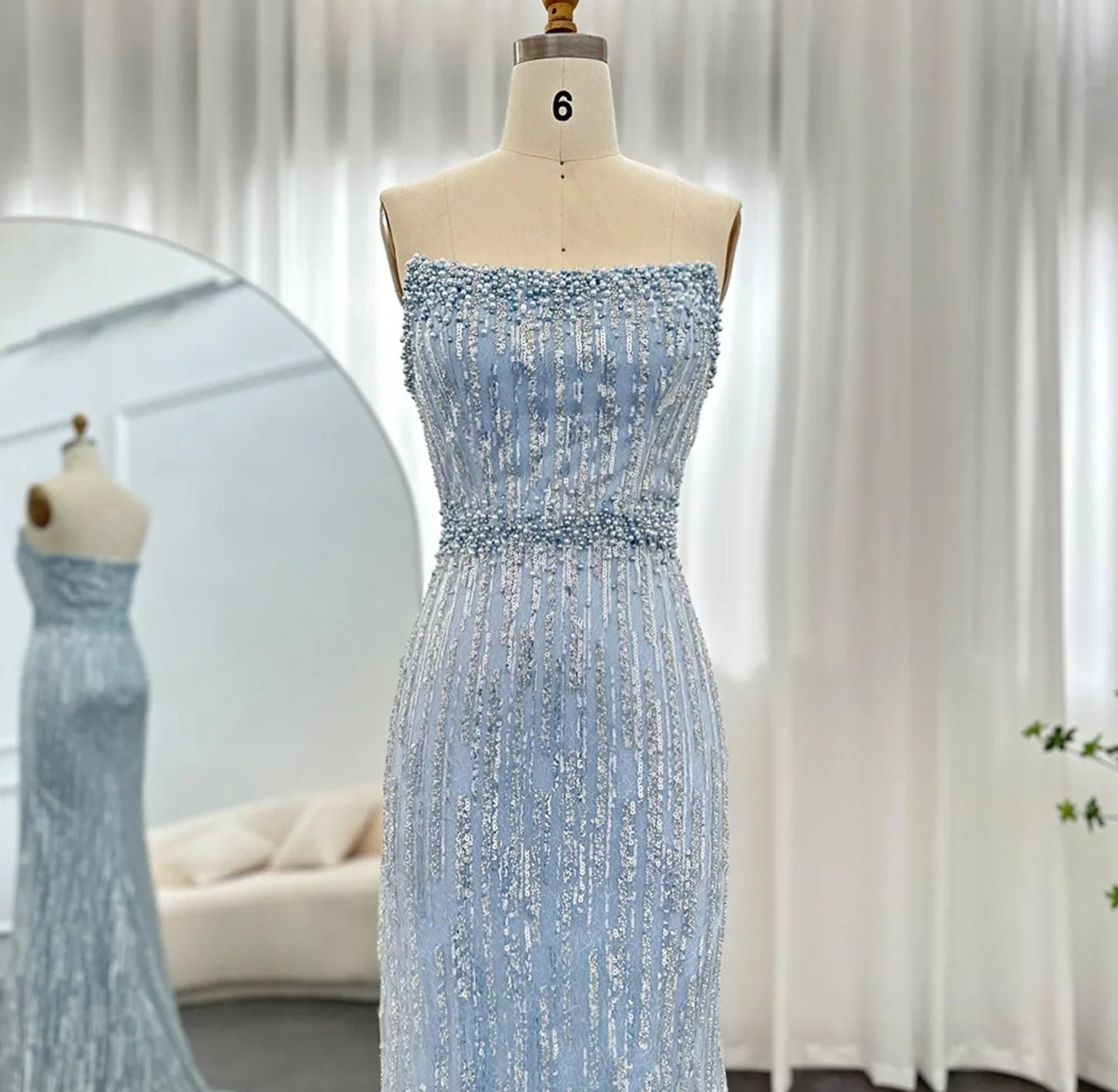 Strapless Scoop Neck Light Blue Sequin & Multi Beaded Mother Of The Bride Special Occasion Evening Gown With Matching Gloves