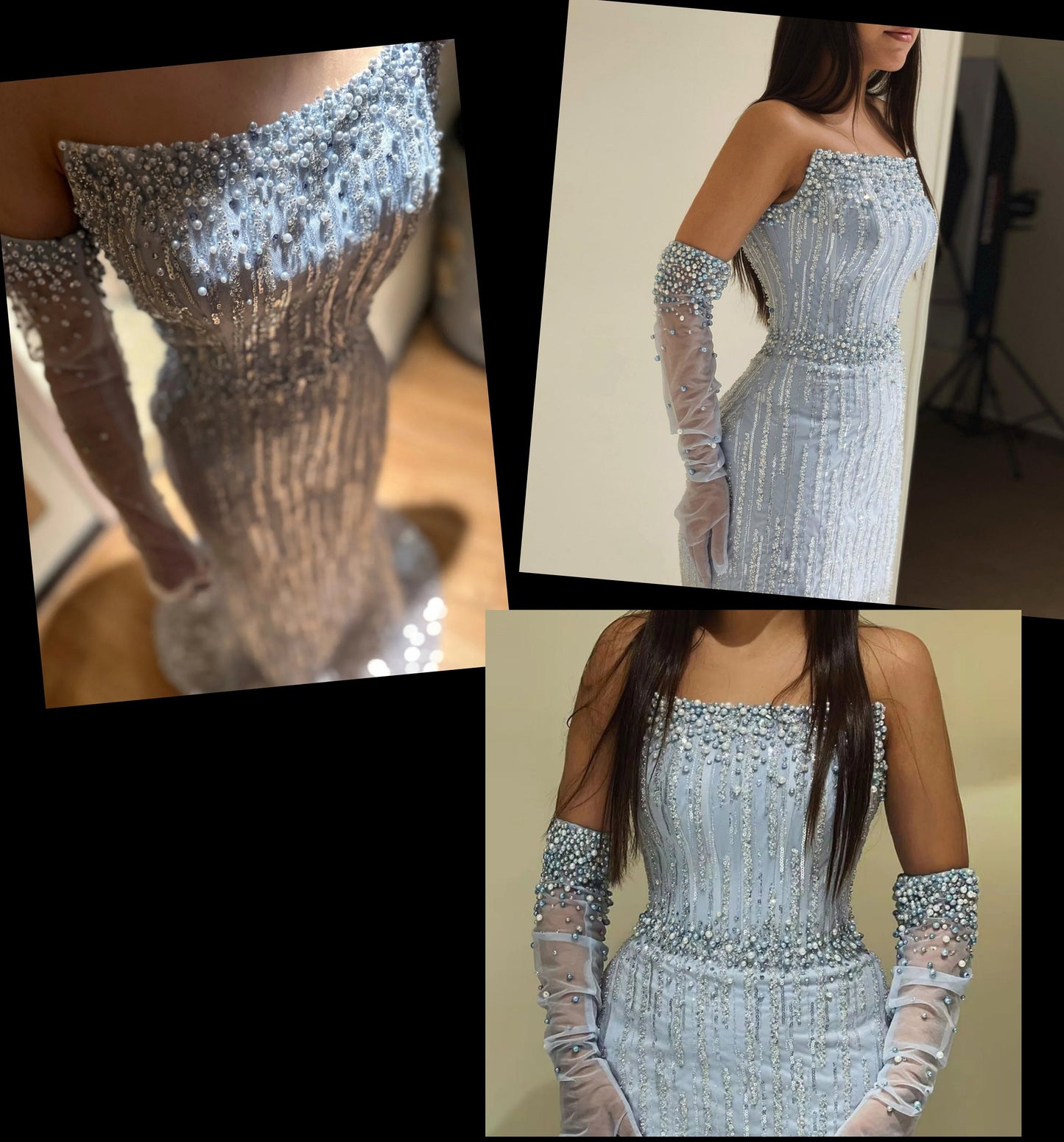 Strapless Scoop Neck Light Blue Sequin & Multi Beaded Mother Of The Bride Special Occasion Evening Gown With Matching Gloves