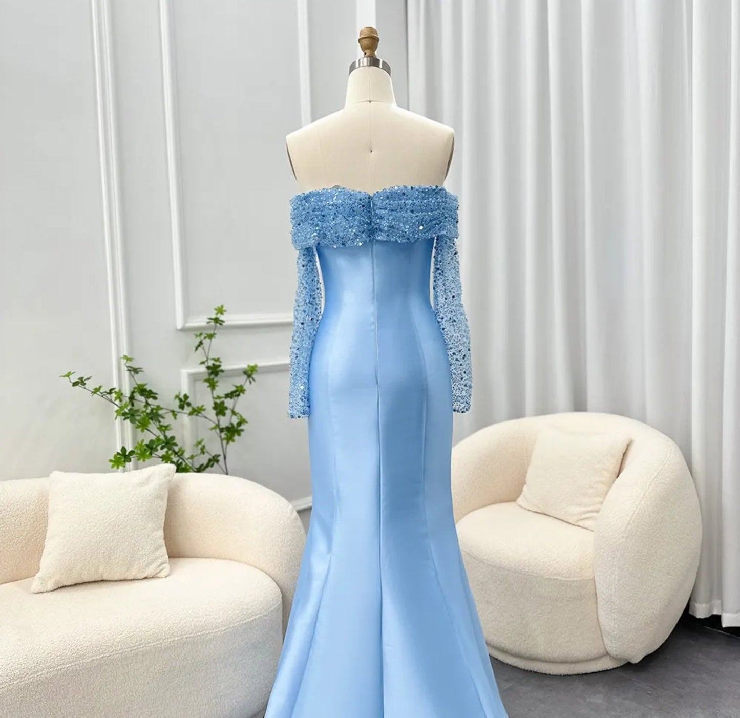 Blue Sequin Pleated Off The Shoulder Long Sleeve Satin Fit & Flare Special Occasion Mother Of The Bride Gown