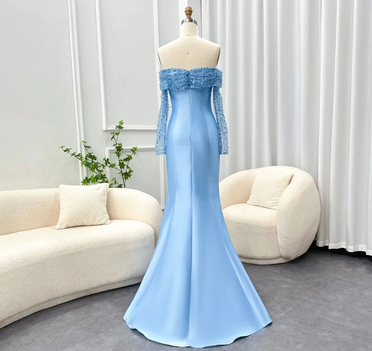 Blue Sequin Pleated Off The Shoulder Long Sleeve Satin Fit & Flare Special Occasion Mother Of The Bride Gown