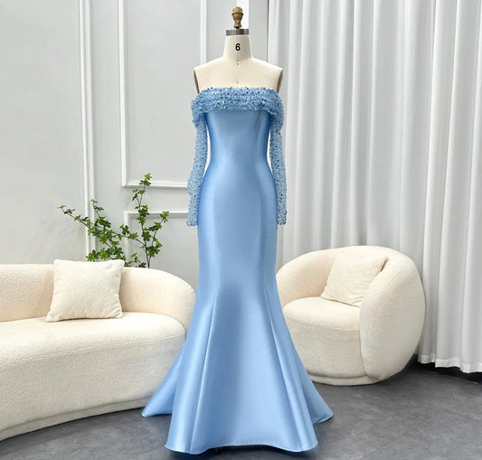 Blue Sequin Pleated Off The Shoulder Long Sleeve Satin Fit & Flare Special Occasion Mother Of The Bride Gown