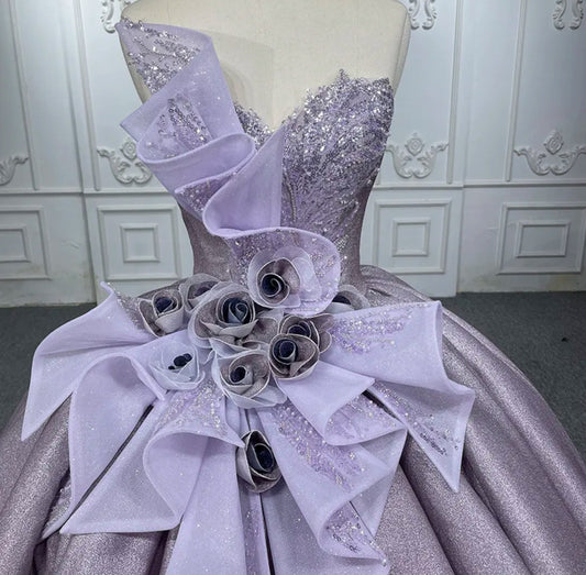 Purple Ombre Structured Rose Bouquet Sweetheart Shimmering Quinceañera Special Occasion Pageant Gown