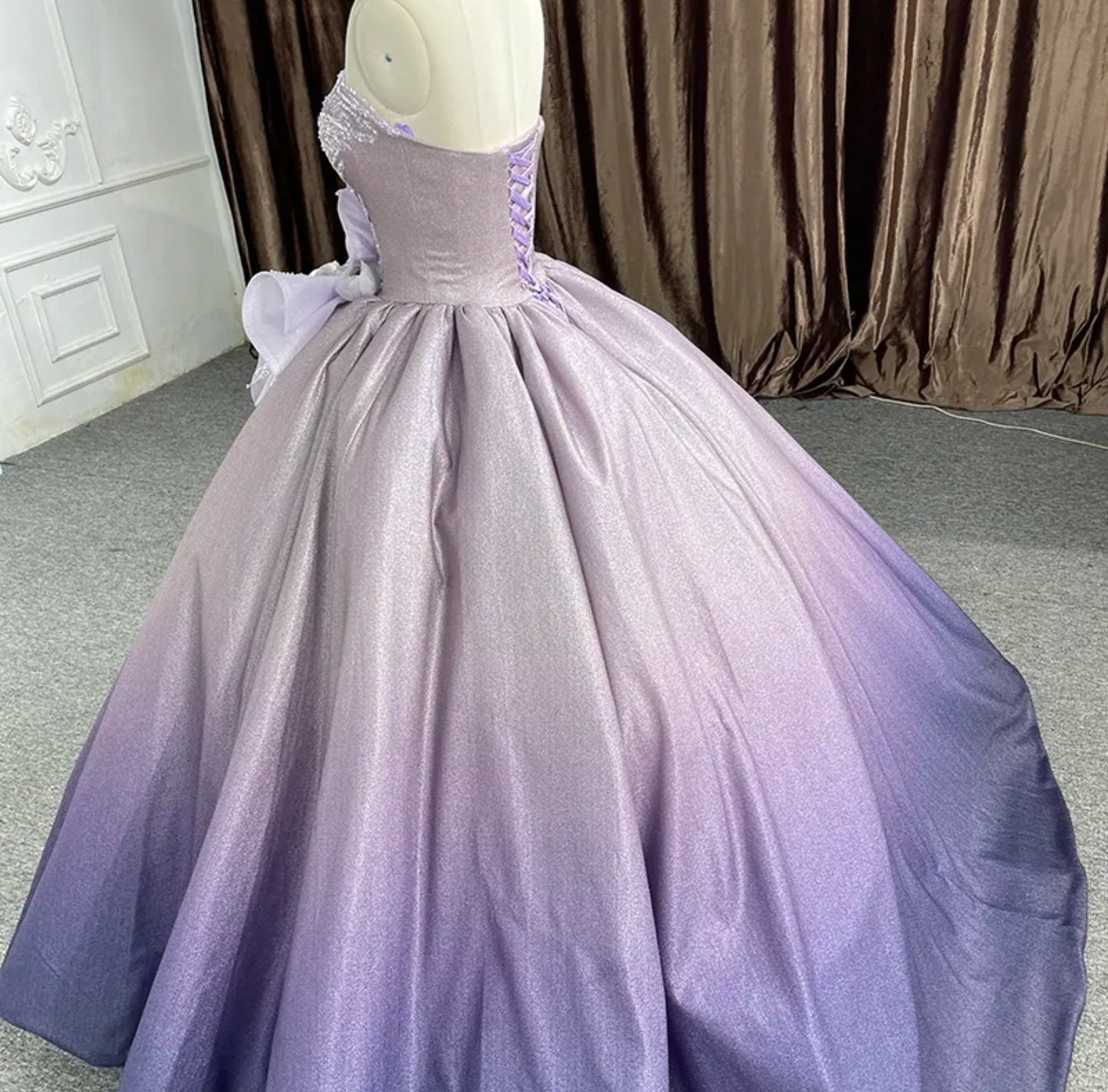 Purple Ombre Structured Rose Bouquet Sweetheart Shimmering Quinceañera Special Occasion Pageant Gown