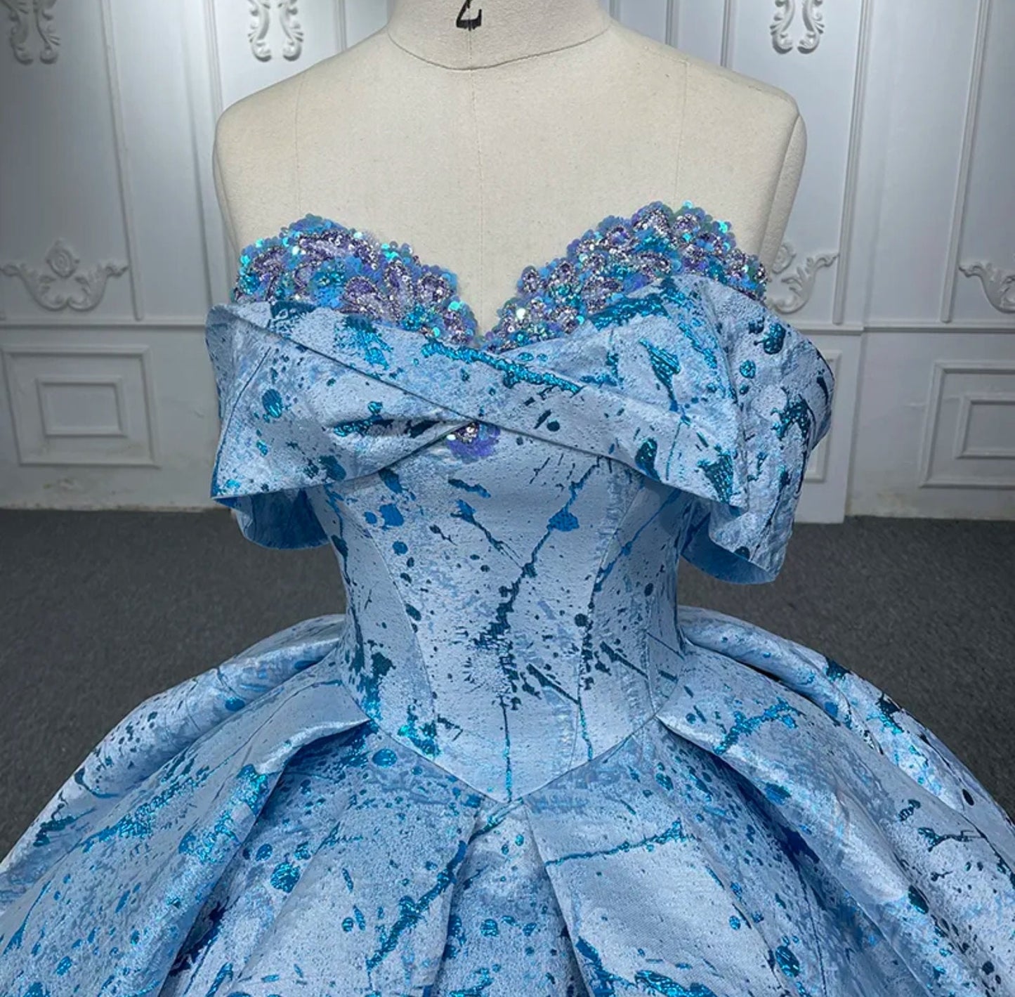 Beautiful Blue Scattered Splashes Sequinned Sweetheart Off The Shoulder Quinceañera Special Occasion Pageant Gown