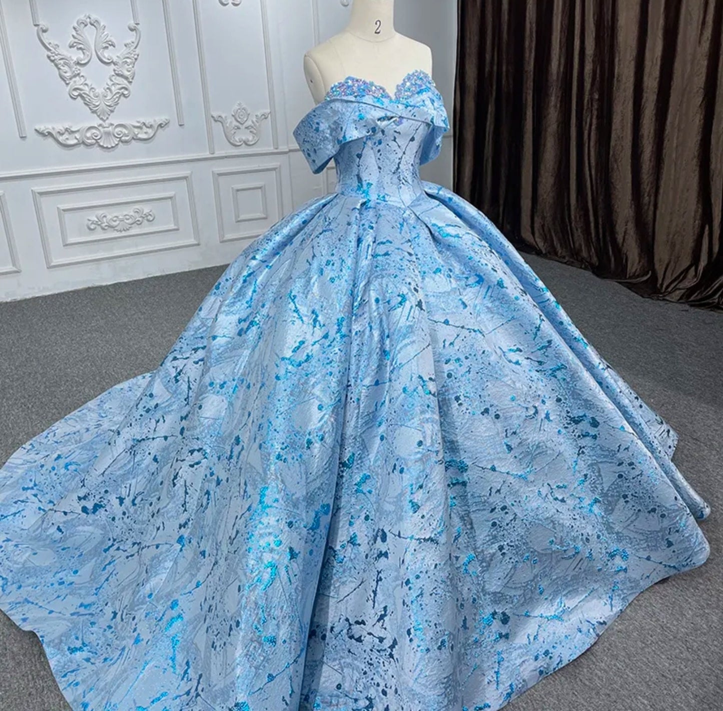 Beautiful Blue Scattered Splashes Sequinned Sweetheart Off The Shoulder Quinceañera Special Occasion Pageant Gown