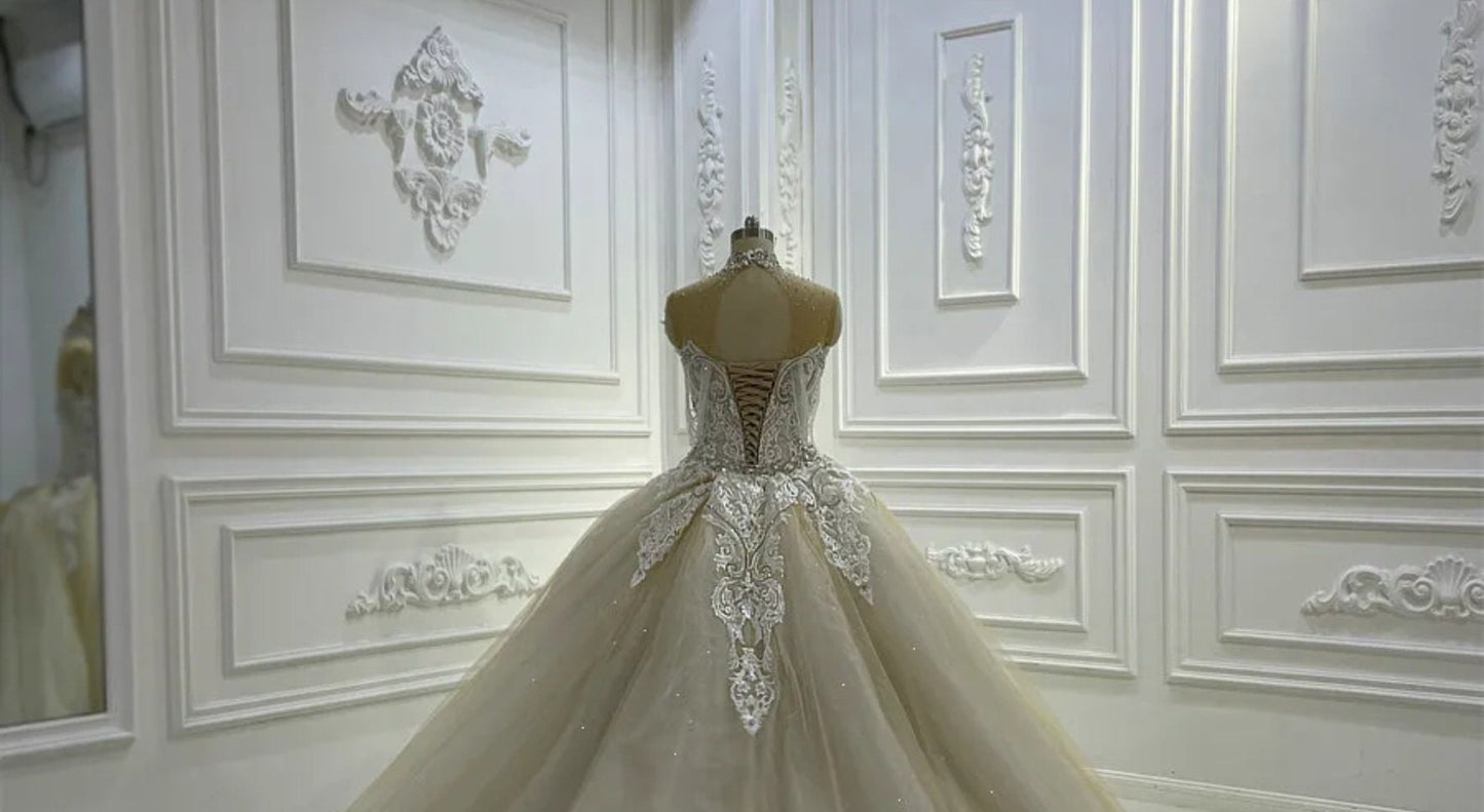 Gorgeous Mid Neck Crystal Multi Beaded Illusion Sweetheart Princess Bride Trumpet Gown With Beautiful Detachable Train