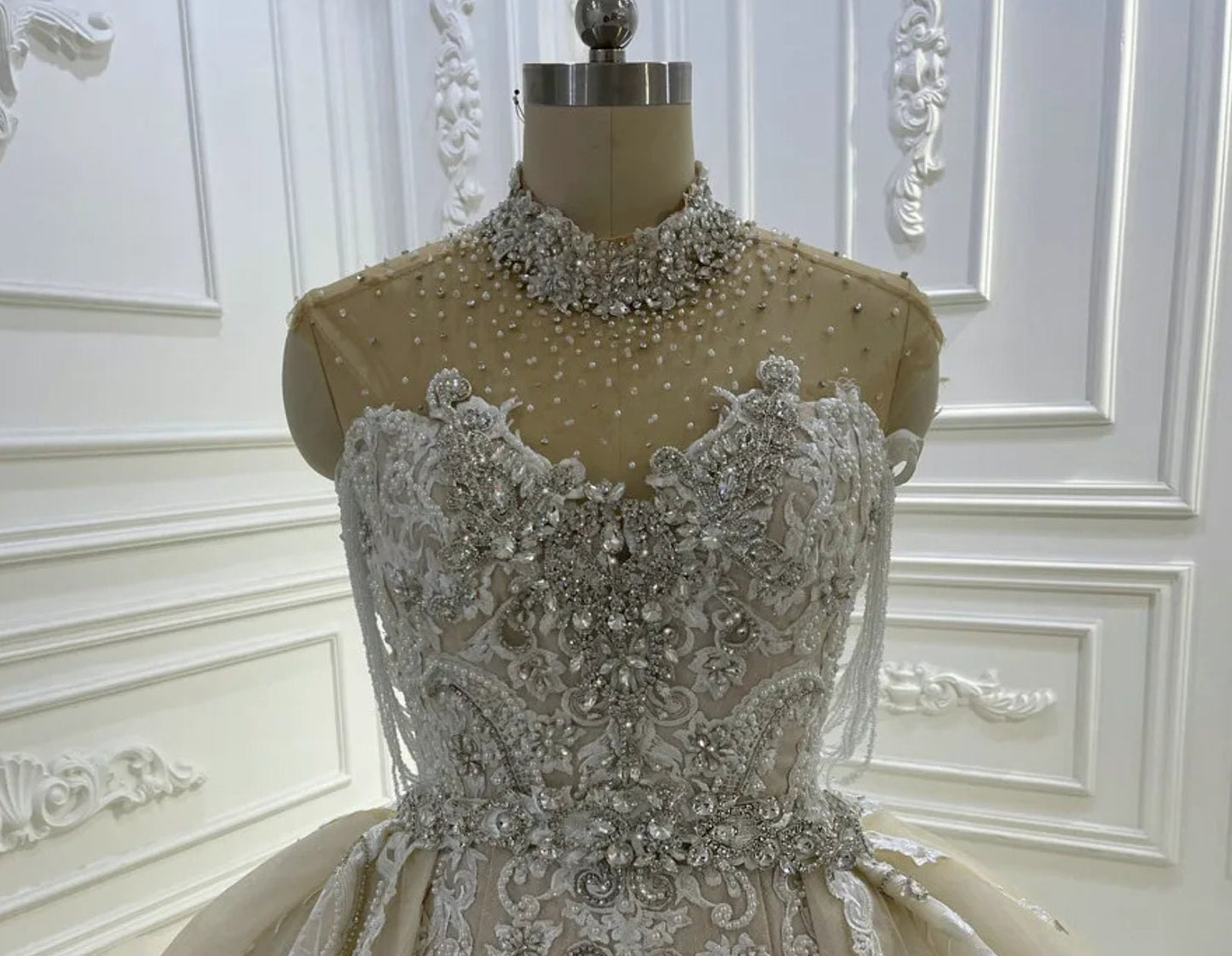 Gorgeous Mid Neck Crystal Multi Beaded Illusion Sweetheart Princess Bride Trumpet Gown With Beautiful Detachable Train