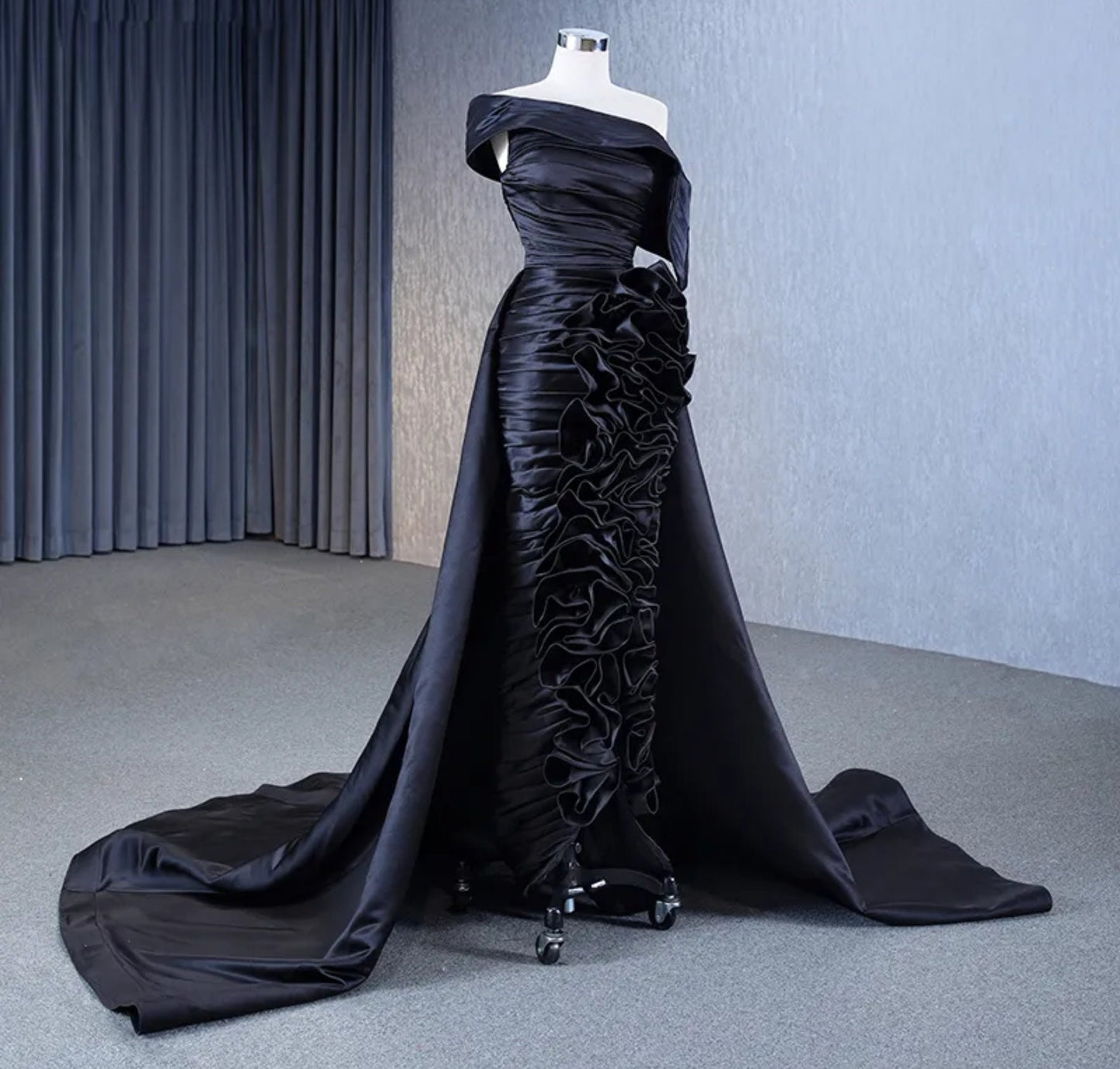 Pleated And Layered Ruffled Ruched Elegant Satin Laced Up Back Sheath Gown With Train