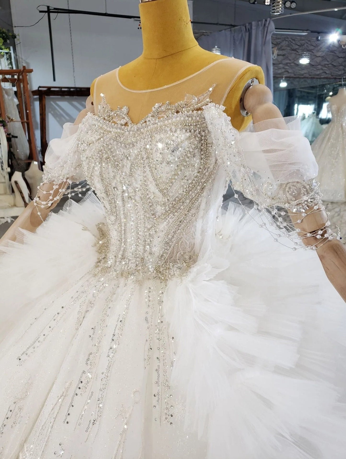 Stunning Draped Pearl Beaded Off The Shoulder Sweetheart Multi Beaded Frill Bodice And Shimmering Sequinned Religious Gown