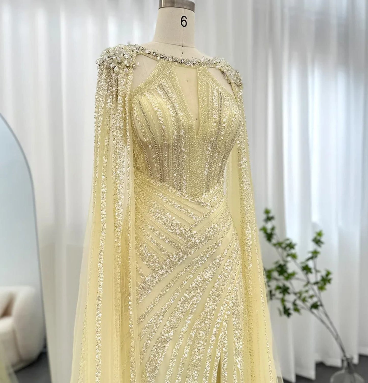 Beautiful Yellow Hand Beaded Sequinned Mother Of The Bride Special Occasion Engagement Party Evening Gown