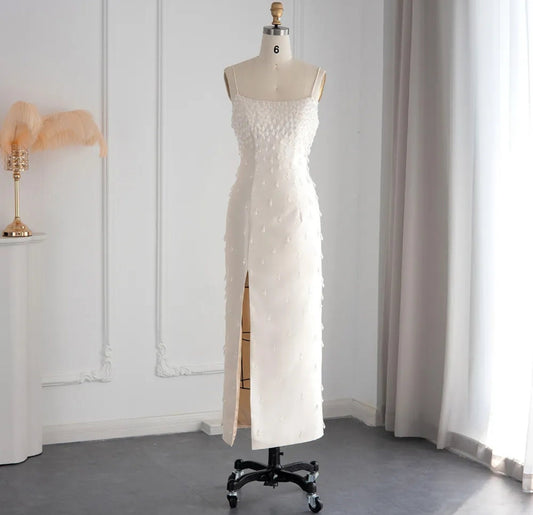 Sleeveless Off White Scattered Dropped Crystal Embellished Midi Length Mother Of The Bride Special Occasion Evening Cocktail Dress