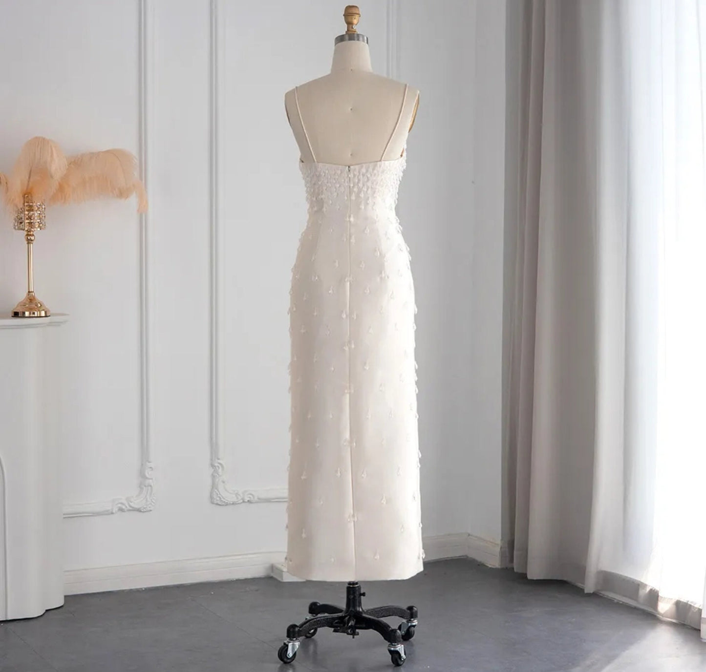 Sleeveless Off White Scattered Dropped Crystal Embellished Midi Length Mother Of The Bride Special Occasion Evening Cocktail Dress