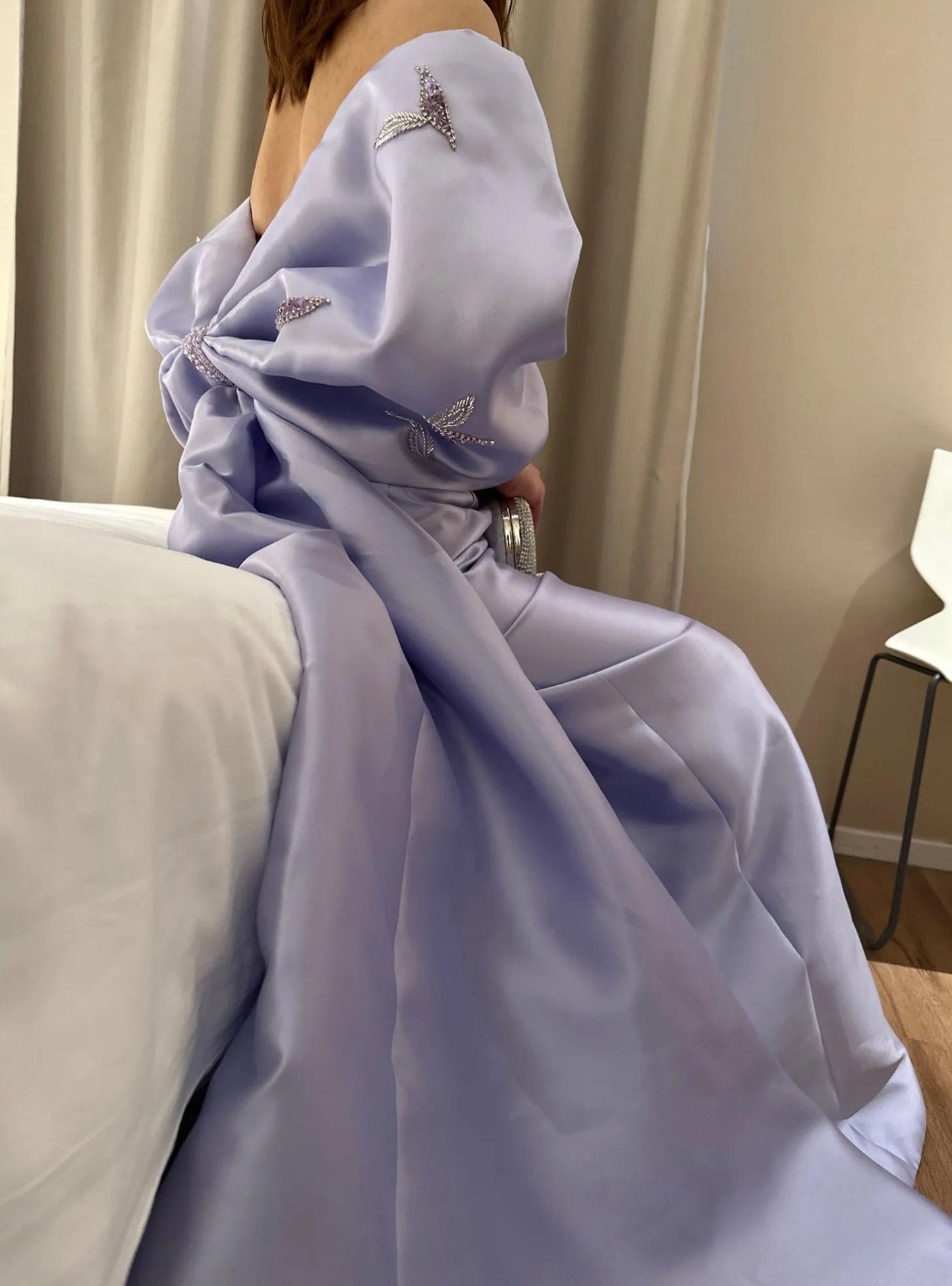 Strapless Purple Sequinned Boat Neck Pleated Sheath Gown With Oversized Scattered Embellishments Bow Knot Train Special Occasion Gown