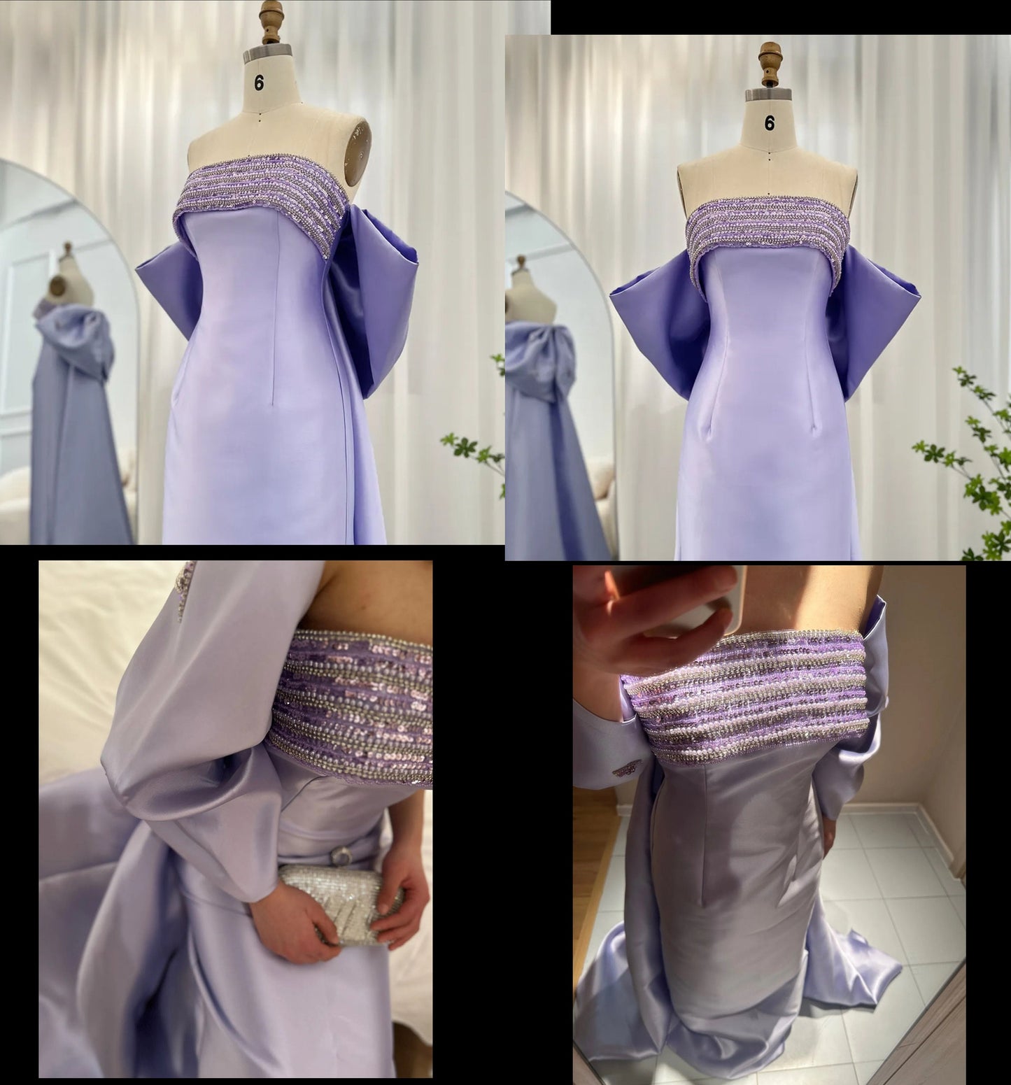 Strapless Purple Sequinned Boat Neck Pleated Sheath Gown With Oversized Scattered Embellishments Bow Knot Train Special Occasion Gown