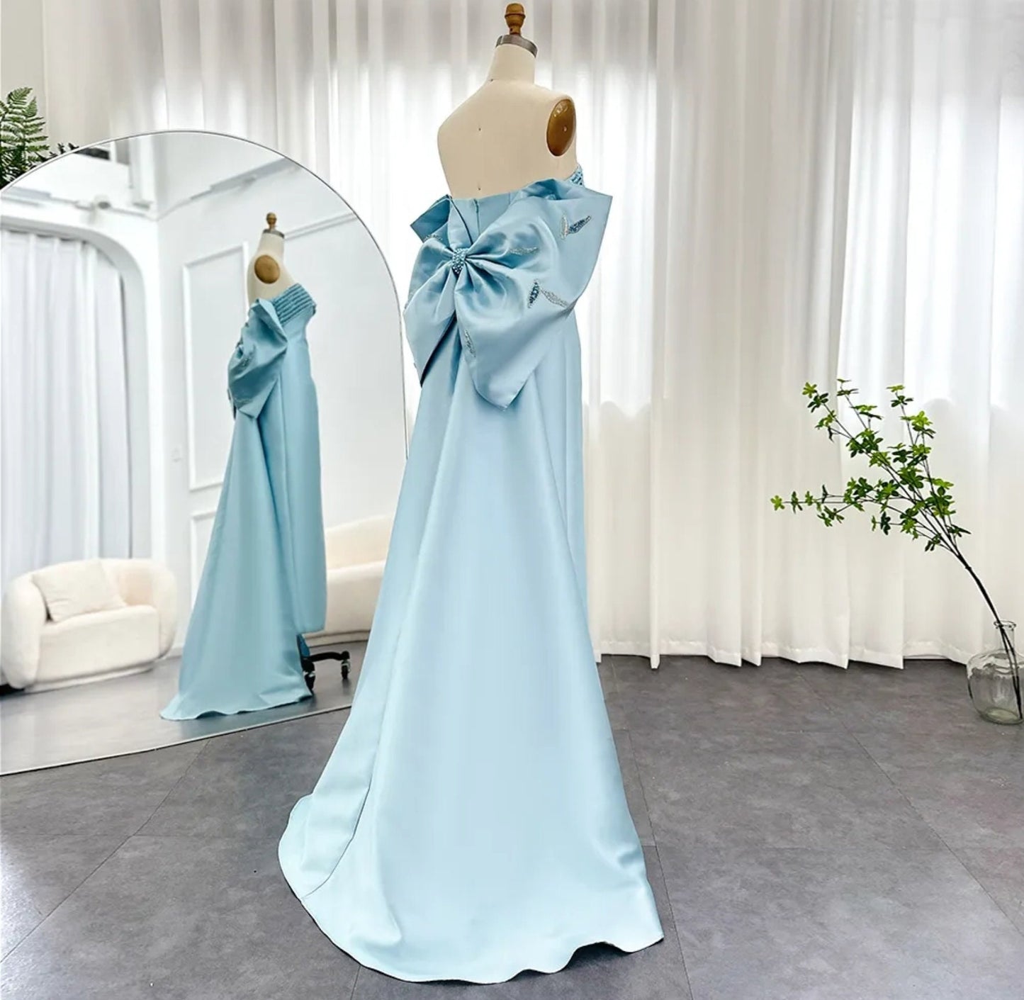 Strapless Blue Sequinned Boat Neck Pleated Sheath Gown With Oversized Scattered Embellishments Bow Knot Train Special Occasion Gown