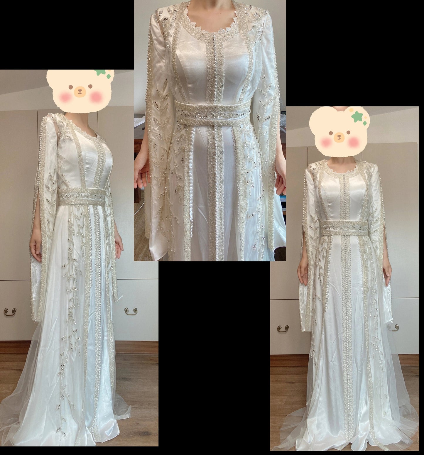 Ivory Long Sleeve Sequin Beaded 2 Piece Kaftan Gown