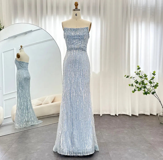 Strapless Scoop Neck Light Blue Sequin & Multi Beaded Mother Of The Bride Special Occasion Evening Gown With Matching Gloves