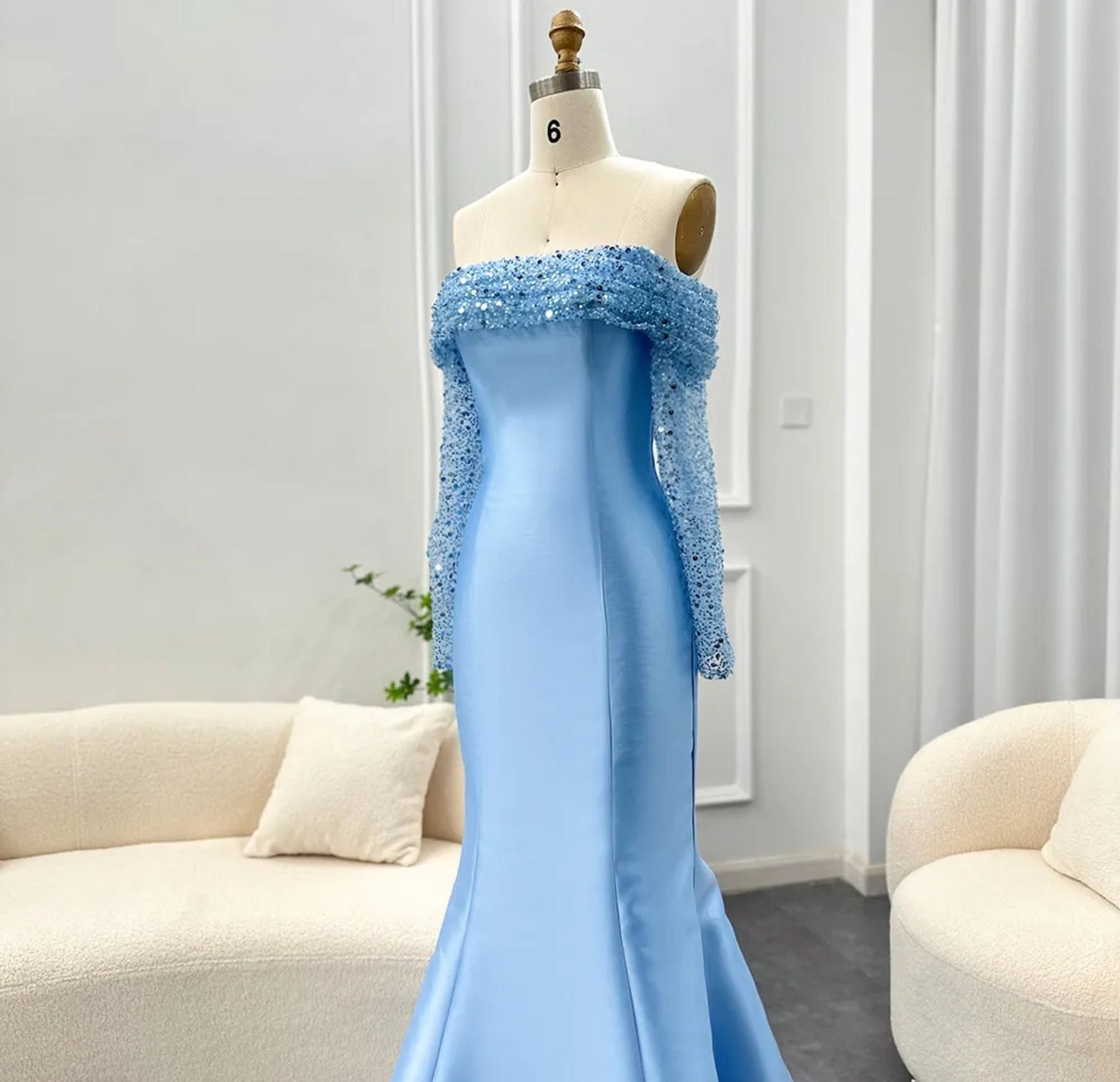 Blue Sequin Pleated Off The Shoulder Long Sleeve Satin Fit & Flare Special Occasion Mother Of The Bride Gown