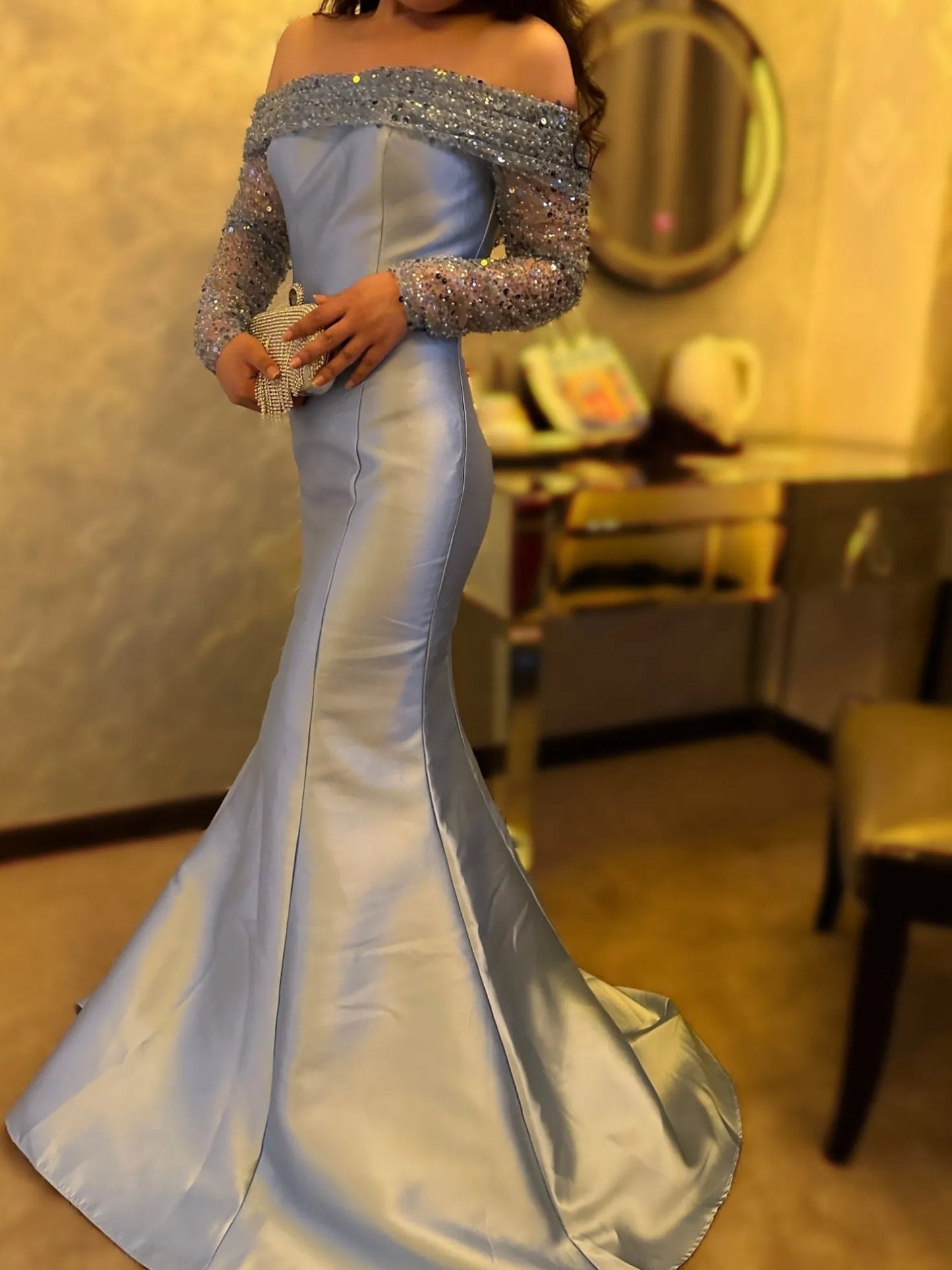 Blue Sequin Pleated Off The Shoulder Long Sleeve Satin Fit & Flare Special Occasion Mother Of The Bride Gown