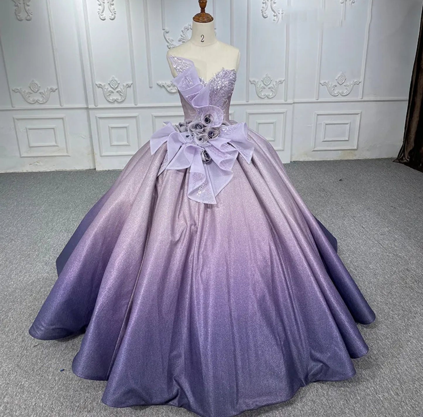 Purple Ombre Structured Rose Bouquet Sweetheart Shimmering Quinceañera Special Occasion Pageant Gown