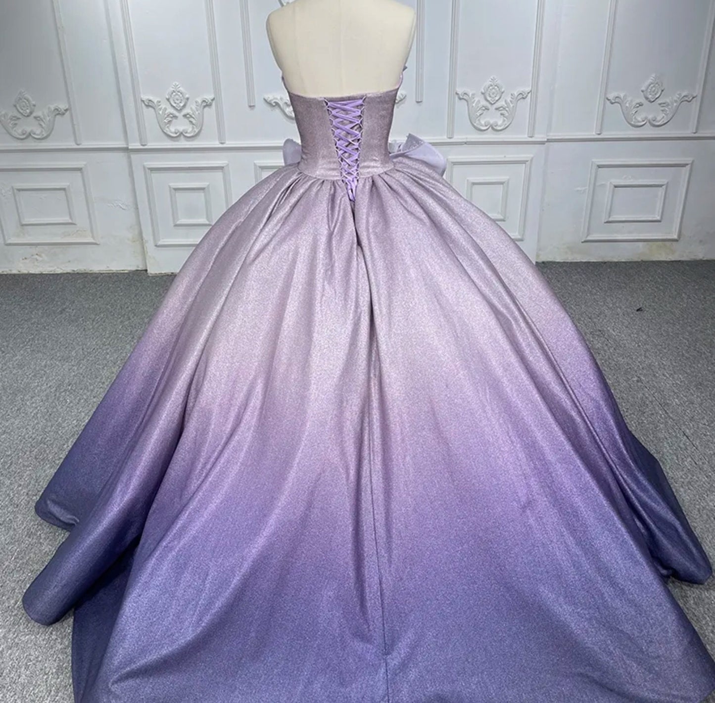 Purple Ombre Structured Rose Bouquet Sweetheart Shimmering Quinceañera Special Occasion Pageant Gown