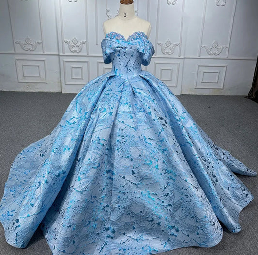 Beautiful Blue Scattered Splashes Sequinned Sweetheart Off The Shoulder Quinceañera Special Occasion Pageant Gown