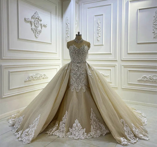 Gorgeous Mid Neck Crystal Multi Beaded Illusion Sweetheart Princess Bride Trumpet Gown With Beautiful Detachable Train