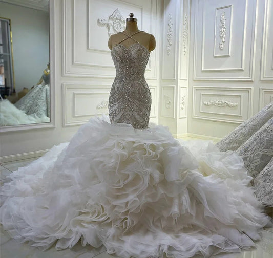 Breathtaking Sleeveless Crystal Beaded Criss-Cross Neckline With Multi Beaded Bodice And Layered Frill Fishtail Gown