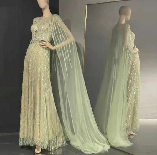 Sage Green Elegant Beaded Evening Special Occasion Mother Of The Bride Gown With Cape And Bow Embellished Belt Detail