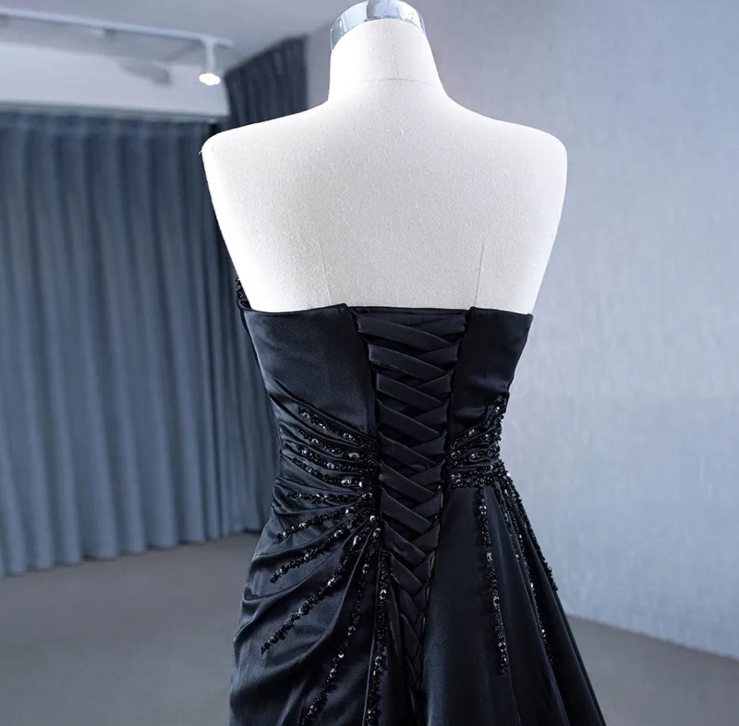 Elegant And Sexy Black Satin Strapless Irregular Beaded Neckline With Beaded Thigh High Side Split Sheath Gown And Train