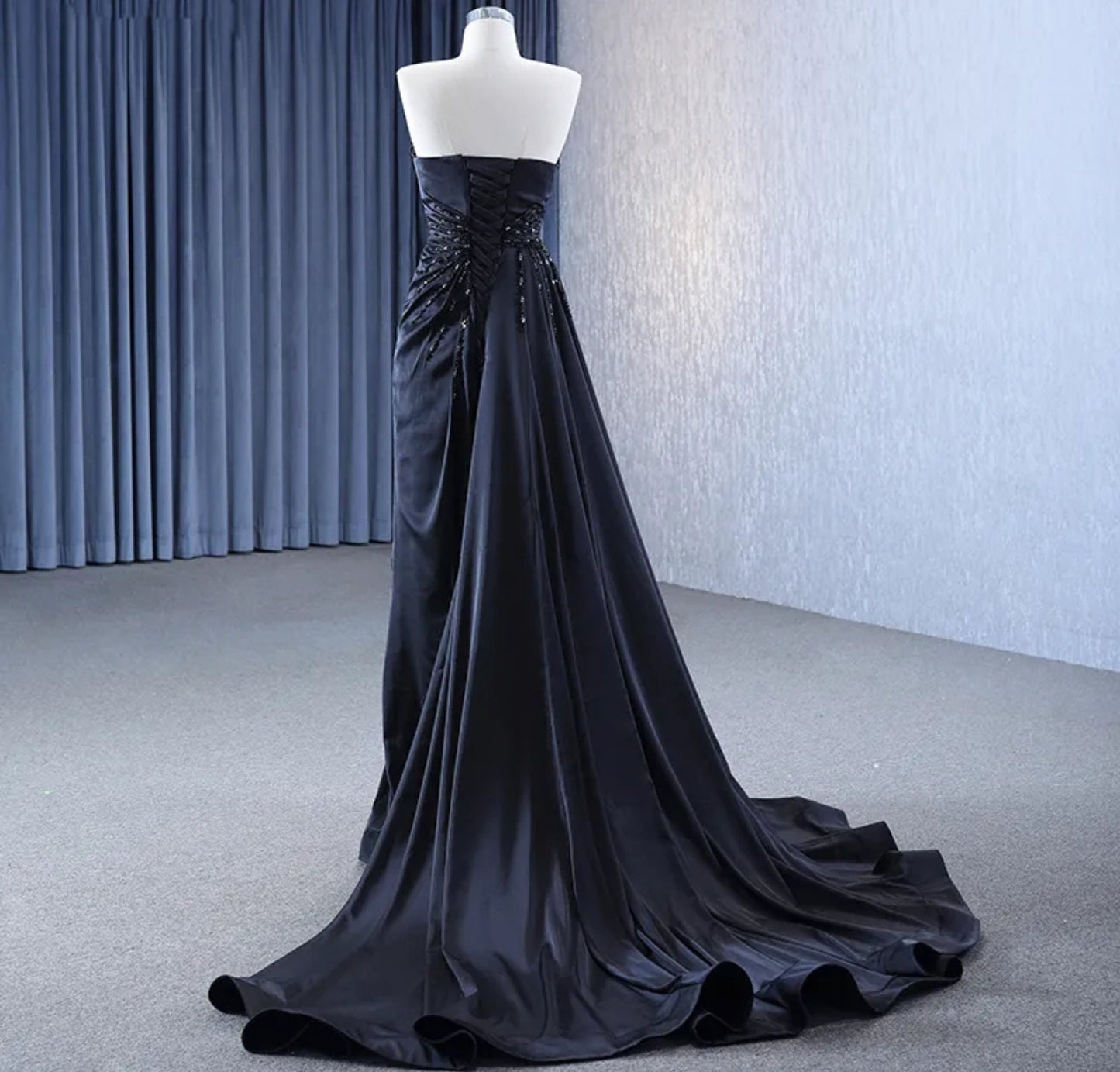 Elegant And Sexy Black Satin Strapless Irregular Beaded Neckline With Beaded Thigh High Side Split Sheath Gown And Train