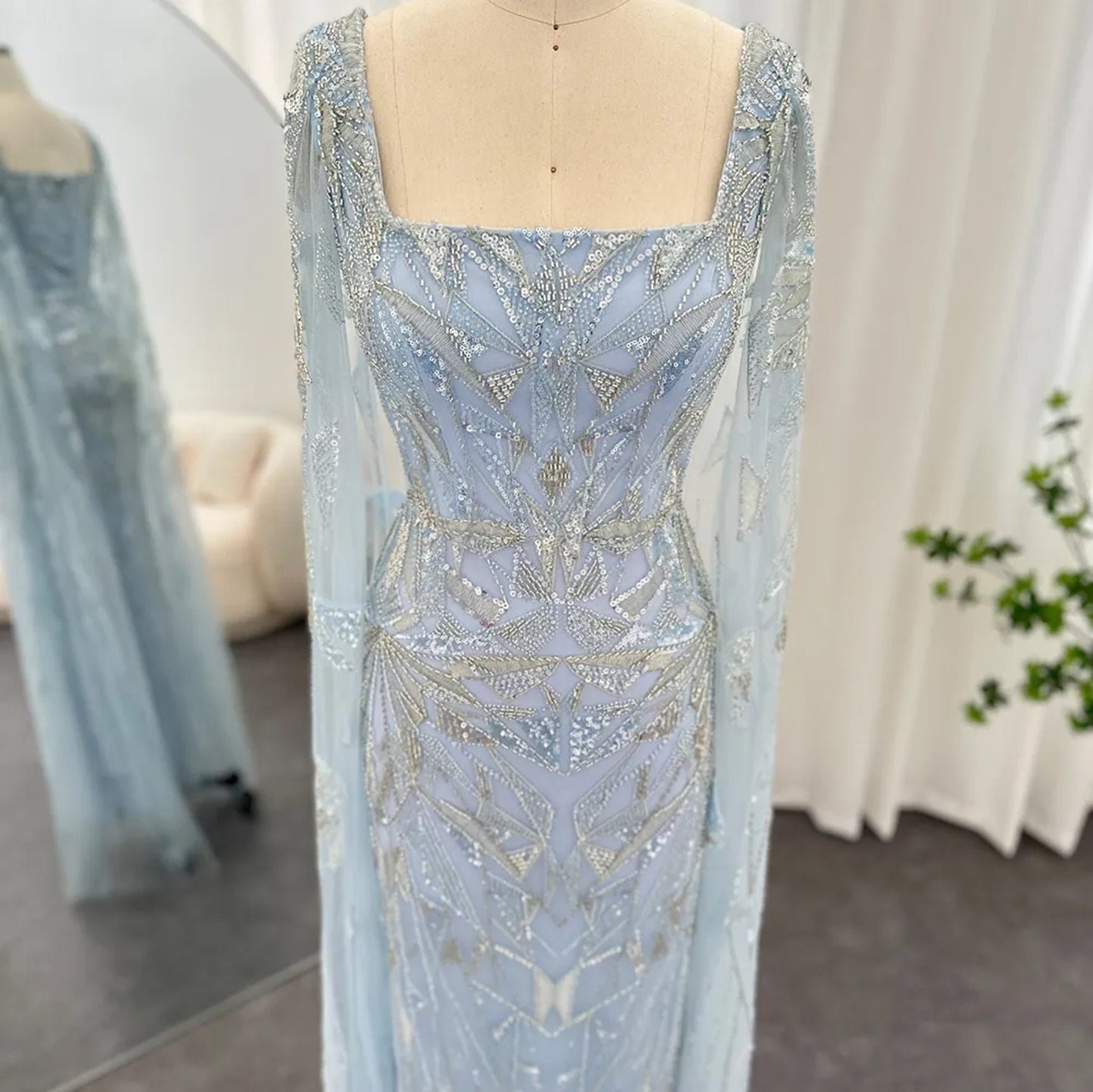 Sequinned Beaded Appliqué Abstract Floor Length Cap Sleeve Square Neck Special Occasion Mother Of The Bride Evening Gown