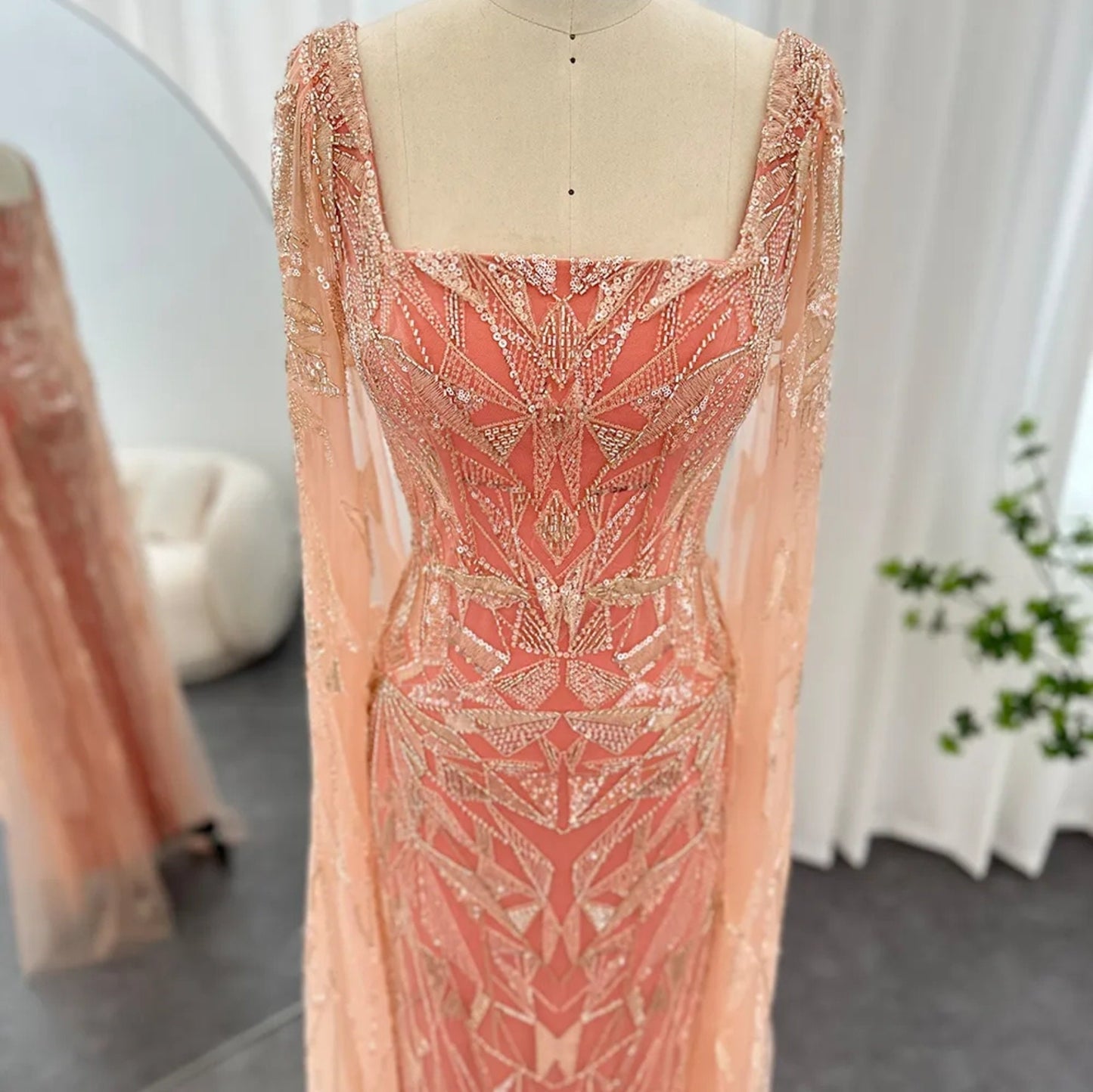 Sequinned Beaded Appliqué Abstract Floor Length Cap Sleeve Square Neck Special Occasion Mother Of The Bride Evening Gown